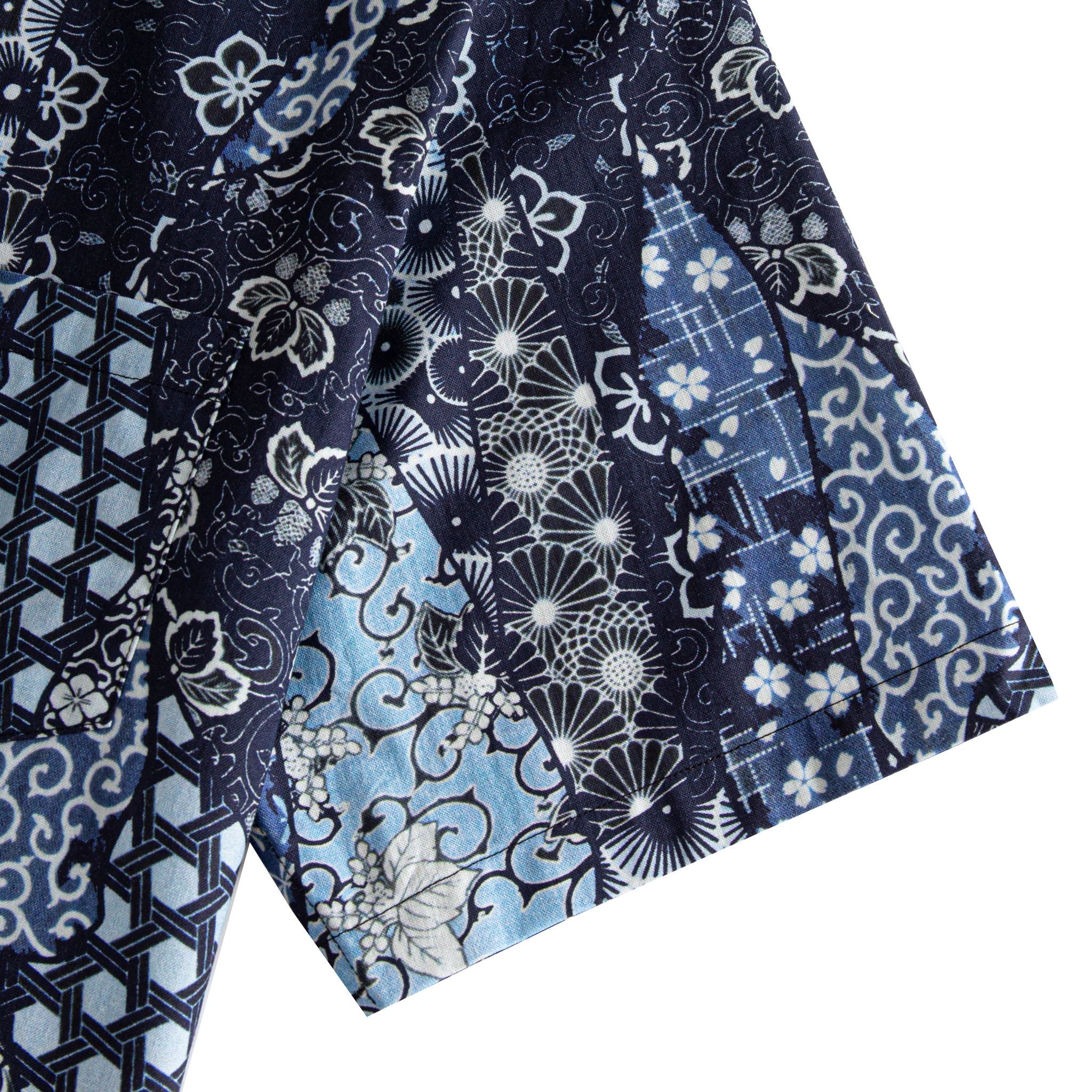 OROMEN Komon Patchwork shirt sleeve detail, chrysanthemum and geometric patchwork in navy and sky blue cotton