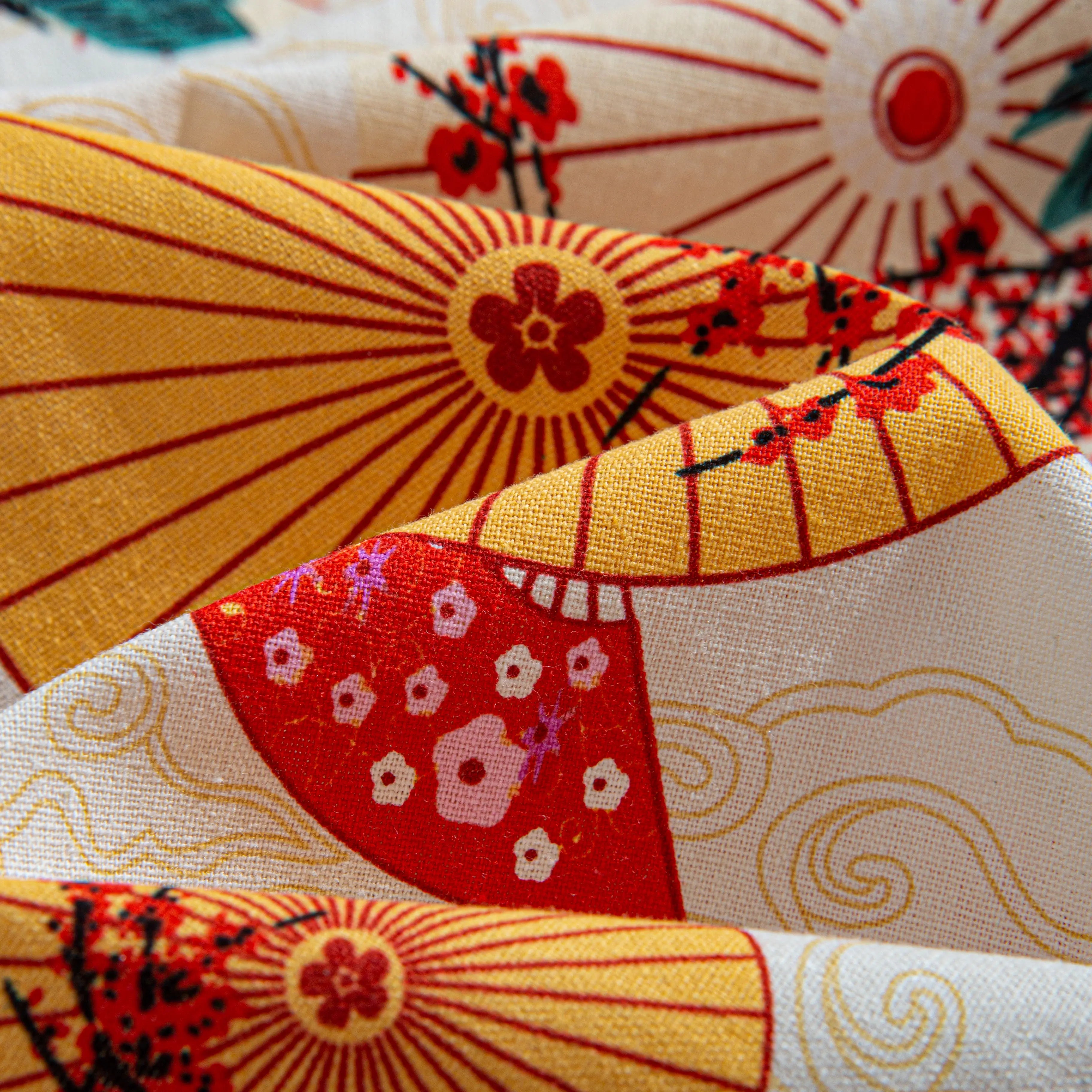 OROMEN Kyoto Folding Fan Shirt – 100% Cotton Fabric Close-up, Gold and Red Sensu Fan with Wagara Cloud Print