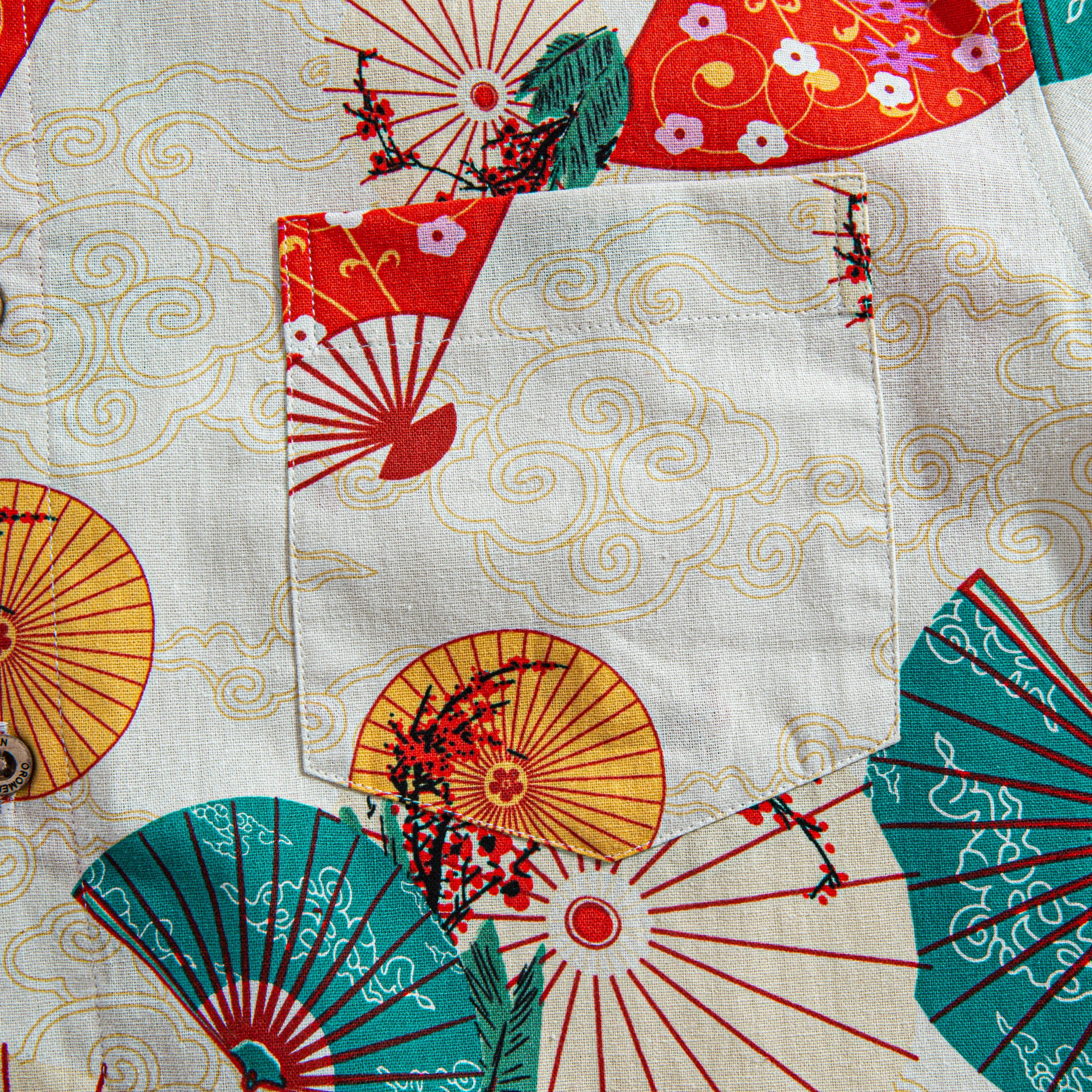 OROMEN Kyoto Folding Fan Shirt – Chest Pocket Detail, Red and Teal Sensu Fan Wagara Print on Beige Cotton