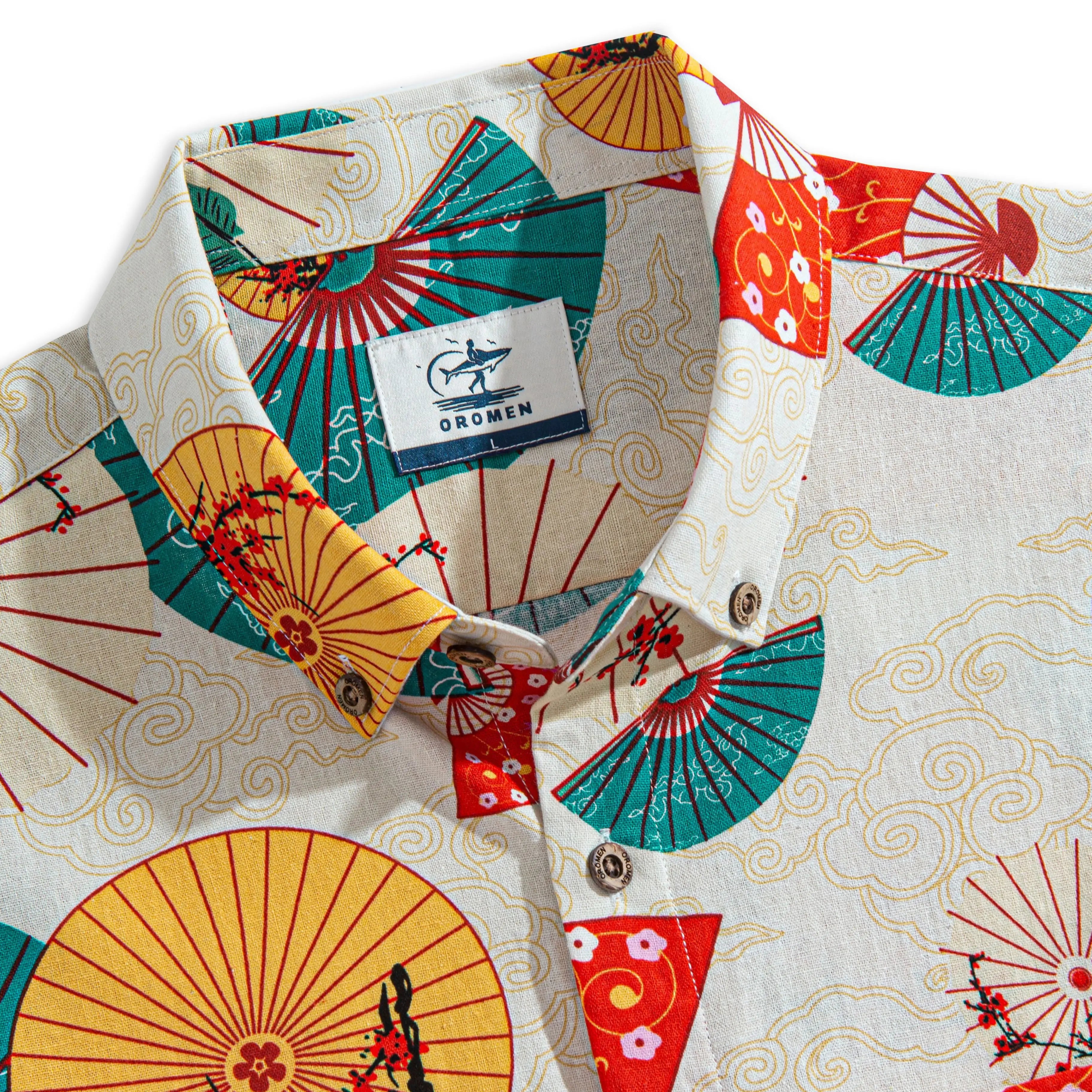 OROMEN Kyoto Folding Fan Shirt – Folded Flat Lay with Brand Hangtag, OROMEN Label, Sensu Fan Print