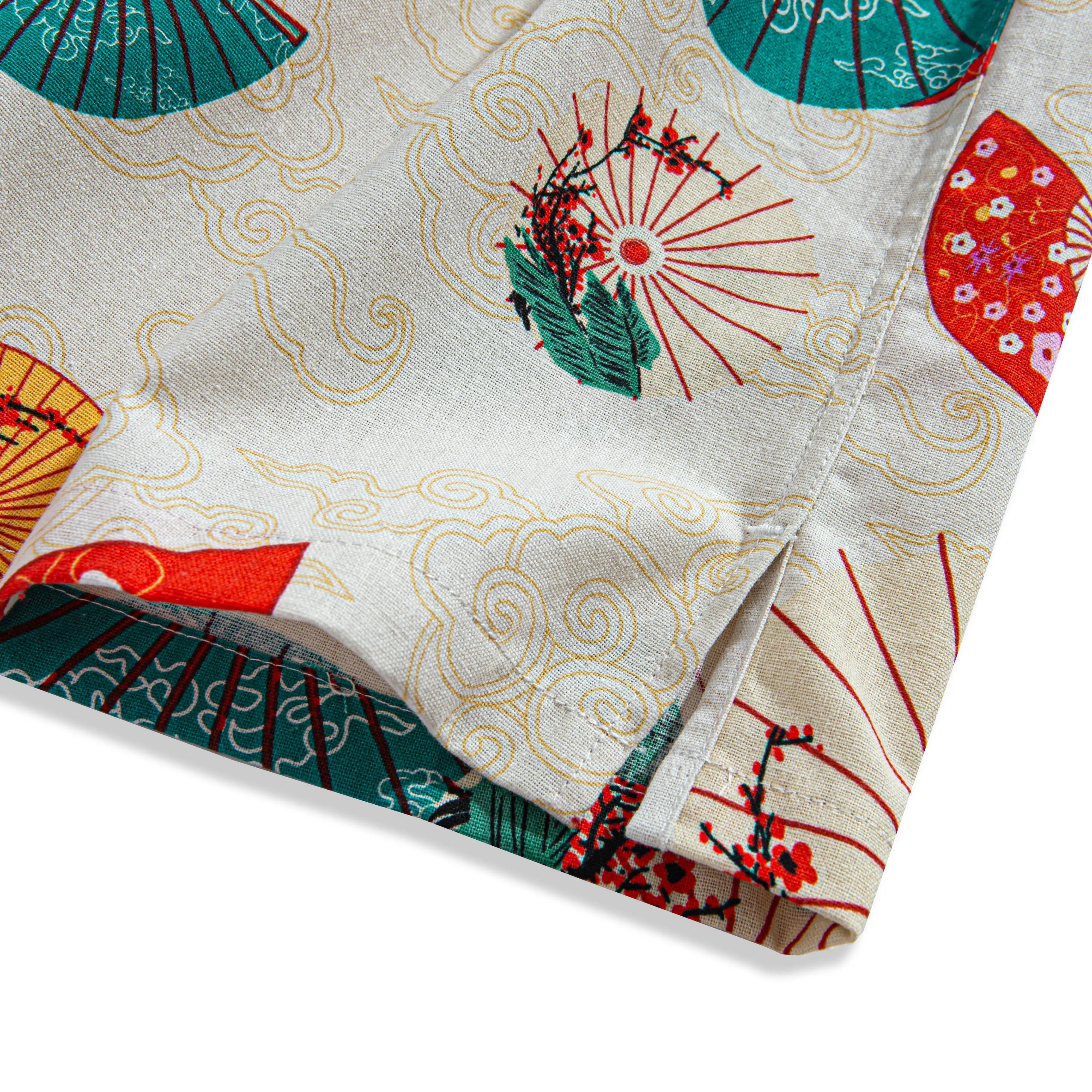 OROMEN Kyoto Folding Fan Shirt – Side Vent and Hem Detail, Double Needle Stitching, Sensu Fan Wagara Print