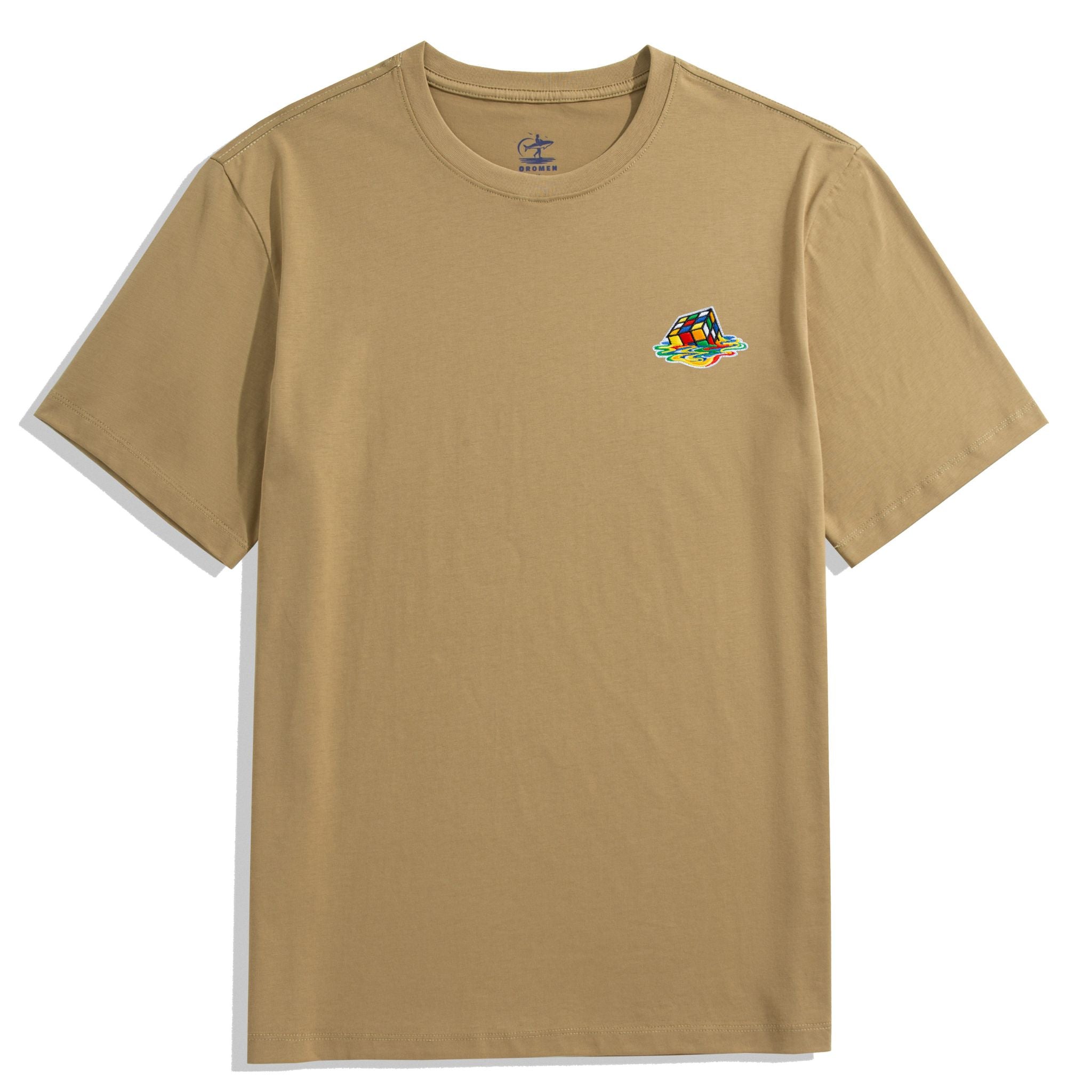 OROMEN Melting Cube Embroidery Tee – Khaki Colorway Front View