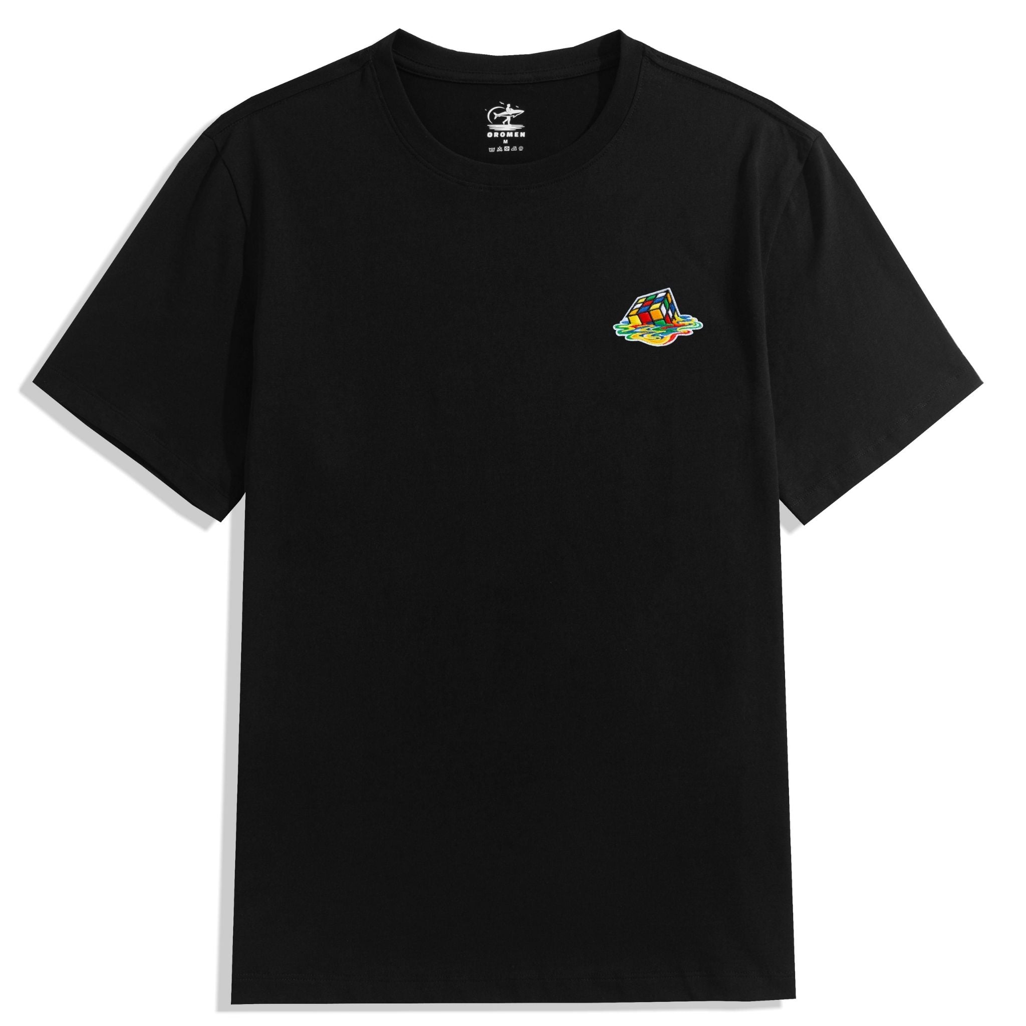 OROMEN Melting Cube Embroidery Tee – Men's Black 100% Cotton Crew Neck T-Shirt