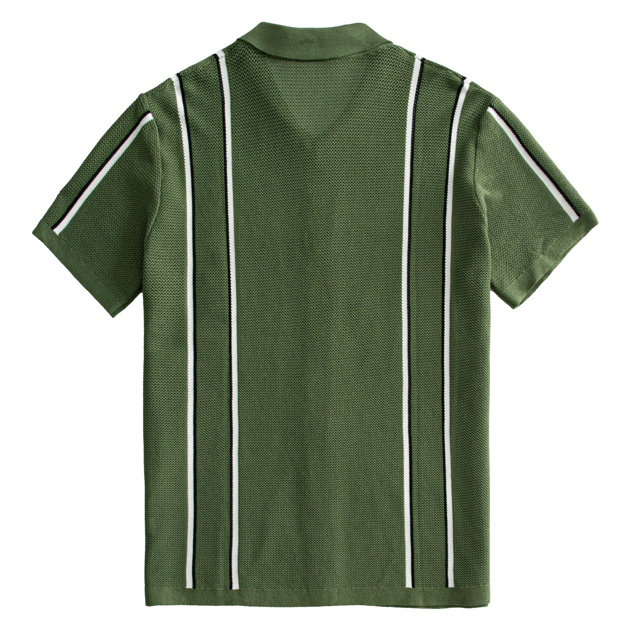 OROMEN Men's Army Green Ice Silk Striped Knit Polo Shirt — Back View Showing Vertical Contrast Stripe Panel and Relaxed Fit