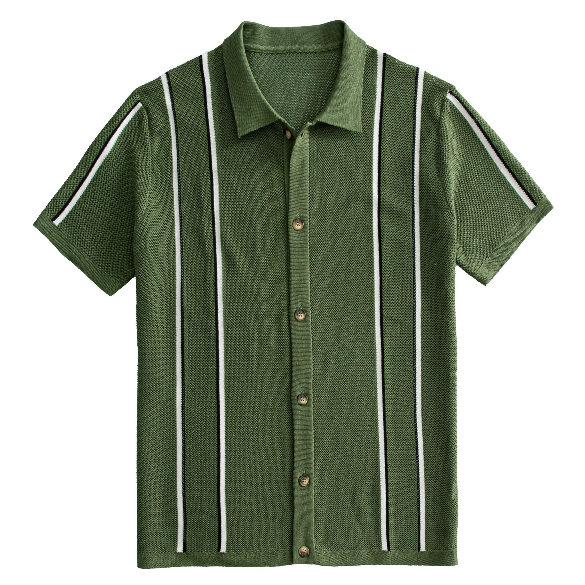OROMEN Men's Army Green Ice Silk Striped Knit Polo Shirt — Front Flat Lay, Vertical Contrast Stripe Detail, 100% Polyester