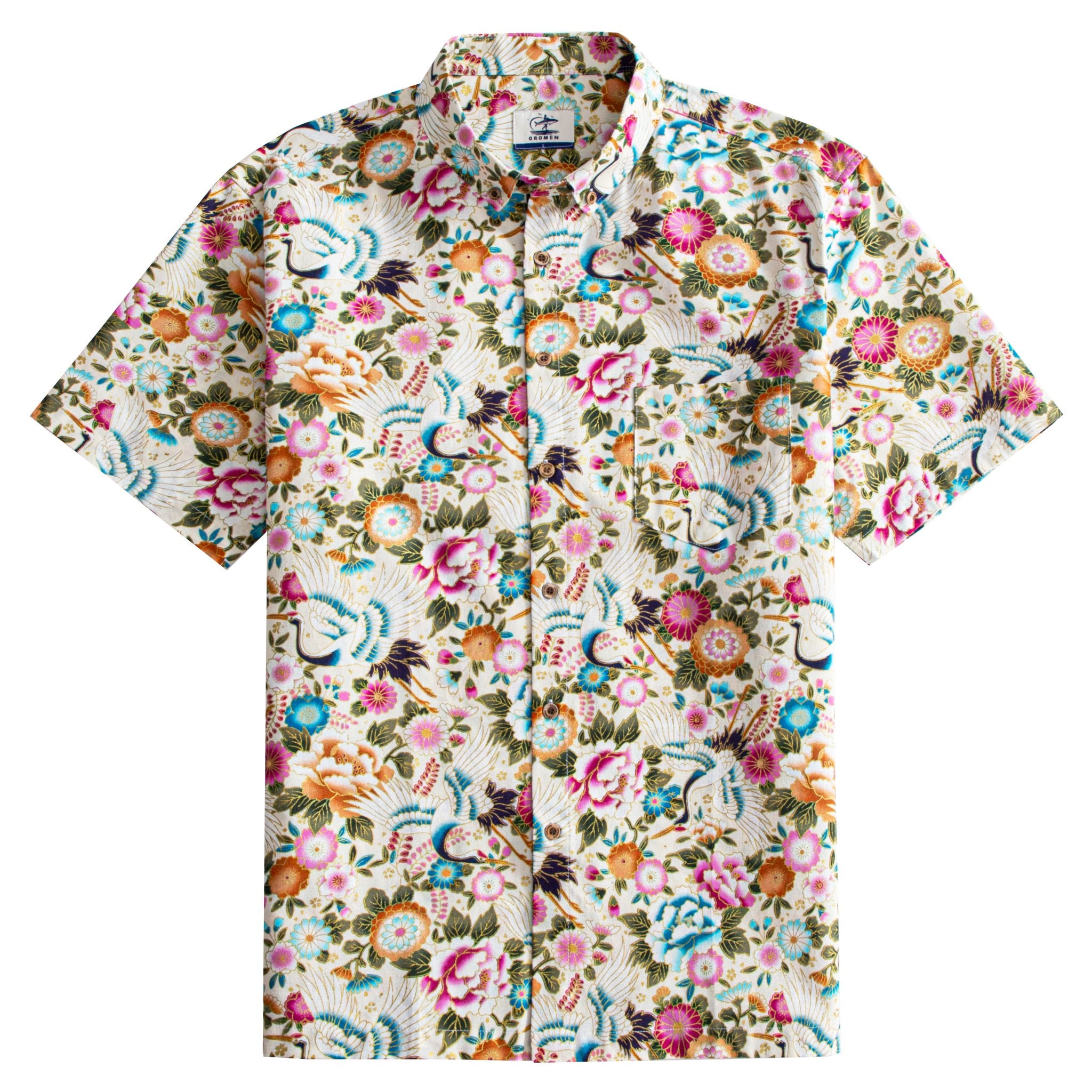 OROMEN Men's Japanese Crane Floral Aloha Shirt – Off-white Cotton Front View