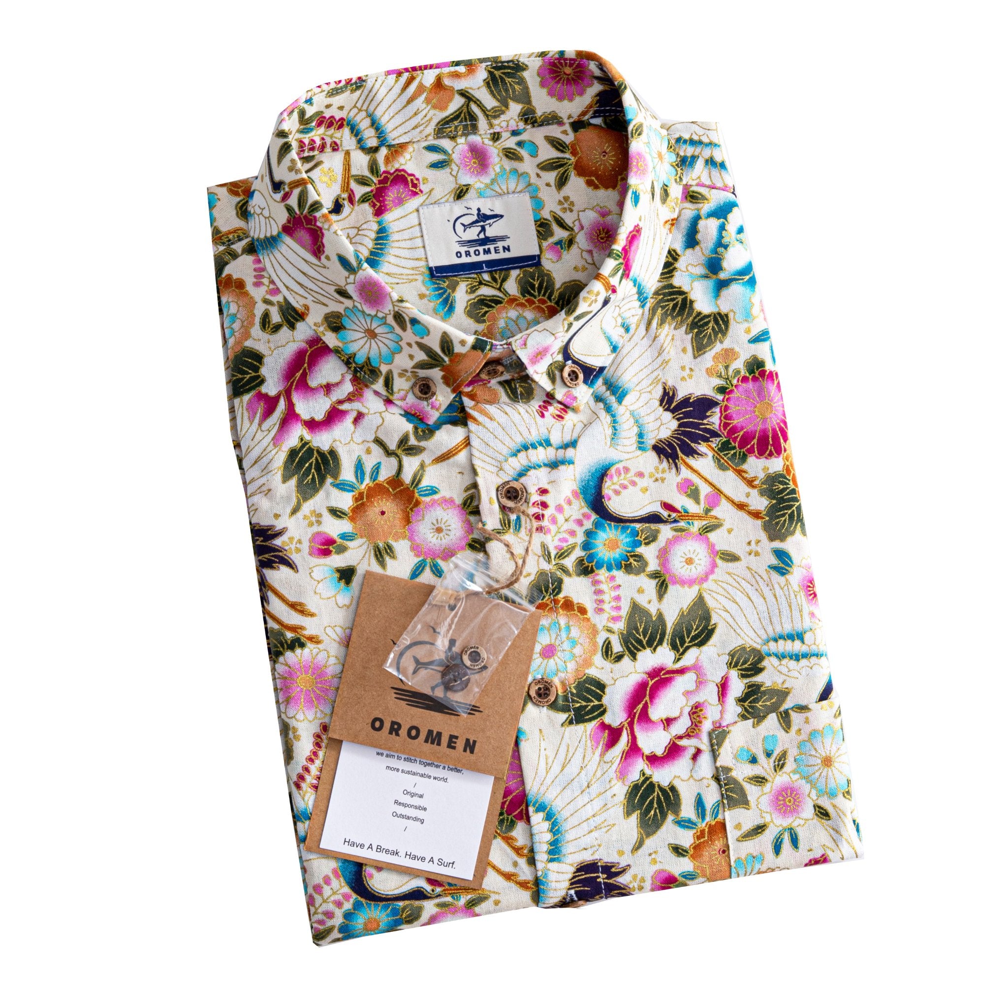 OROMEN Men's Japanese Floral Shirt – Back View with Seamless All-over Print