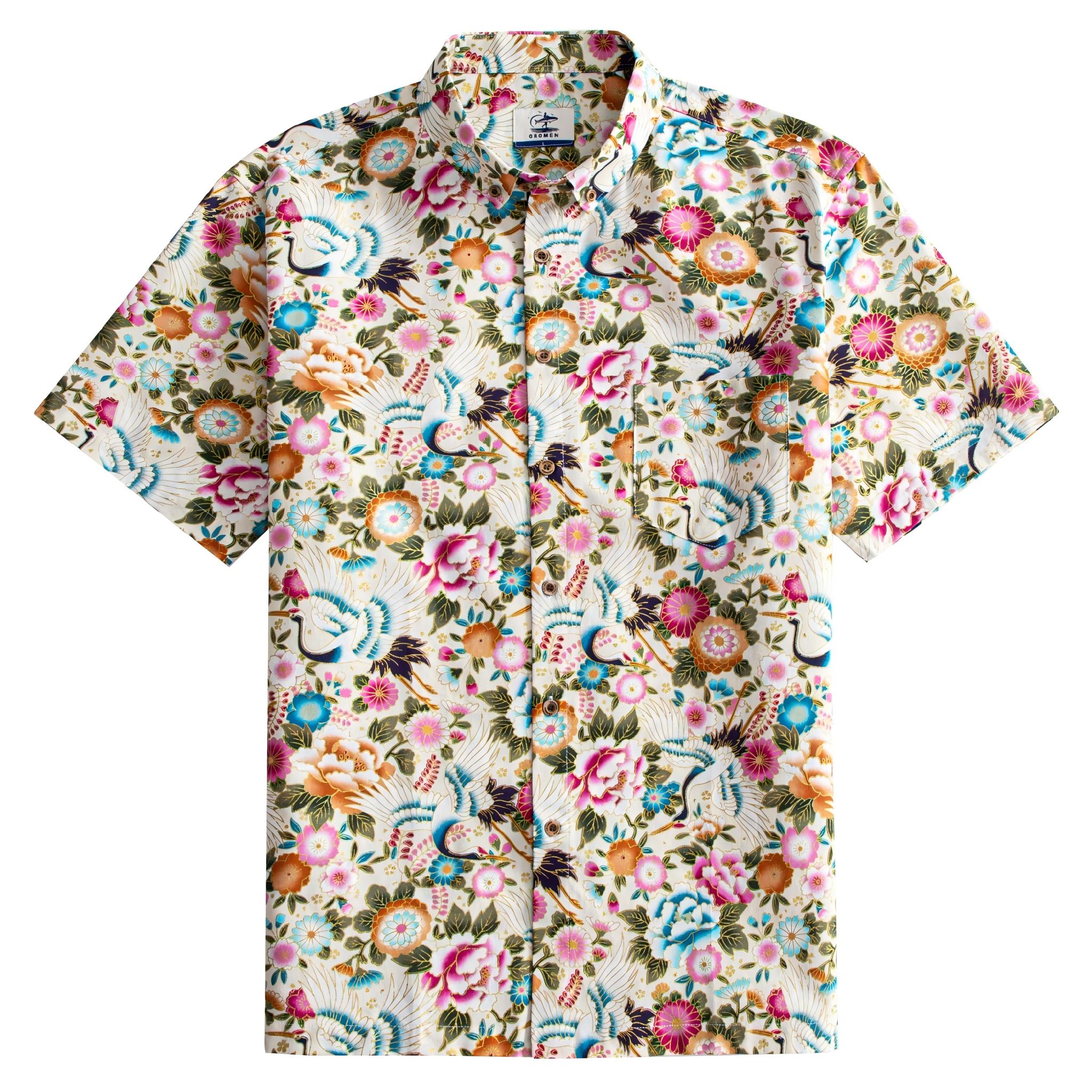 OROMEN Men's Japanese Crane Floral Aloha Shirt – Off-white Cotton Front View