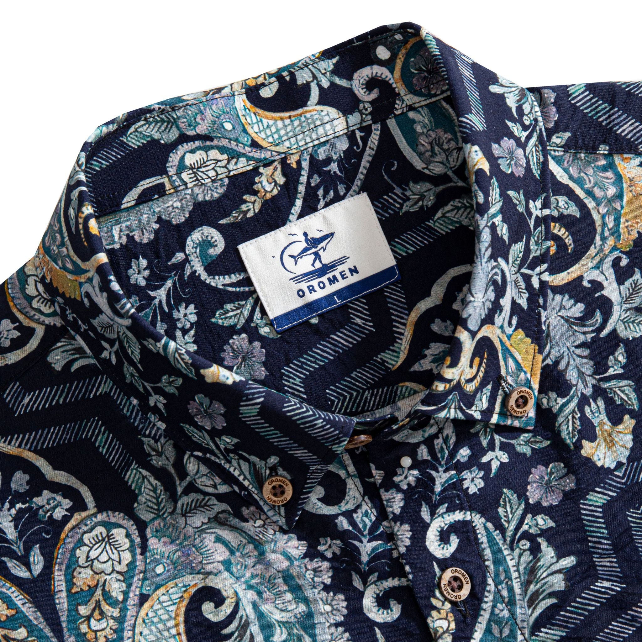 OROMEN Navy Paisley Mood Hawaiian Shirt — Button-down Collar