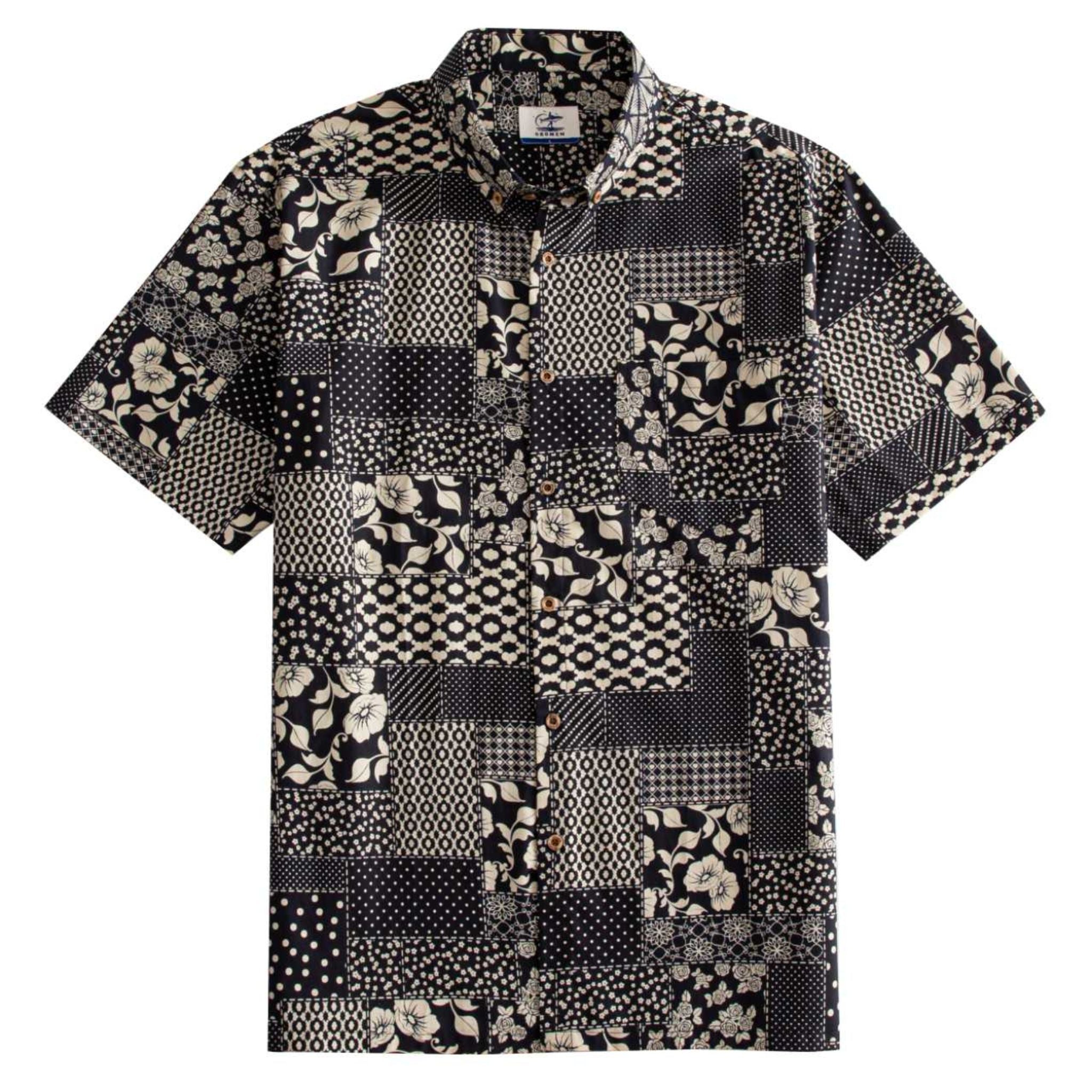 OROMEN Noir Patchwork Hawaiian shirt front flat lay showing full allover monochrome patchwork block layout with florals, roses, polka dots, geometrics and lace medallions in black and off-white