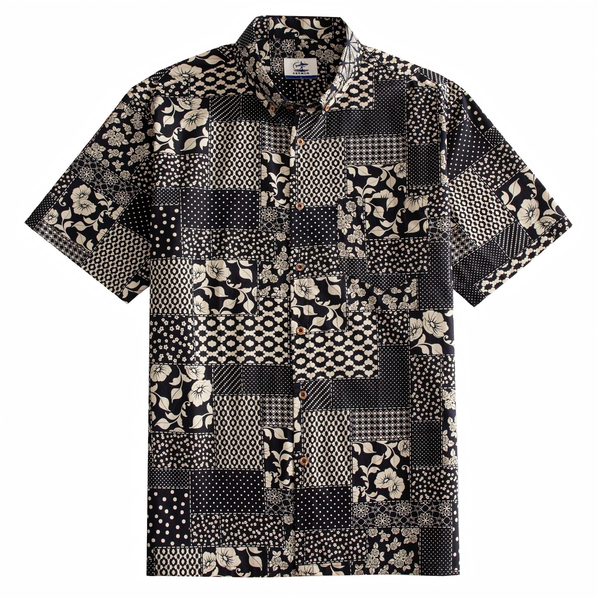 OROMEN Noir Patchwork Hawaiian shirt front flat lay showing full allover monochrome patchwork block layout with florals, roses, polka dots, geometrics and lace medallions in black and off-white