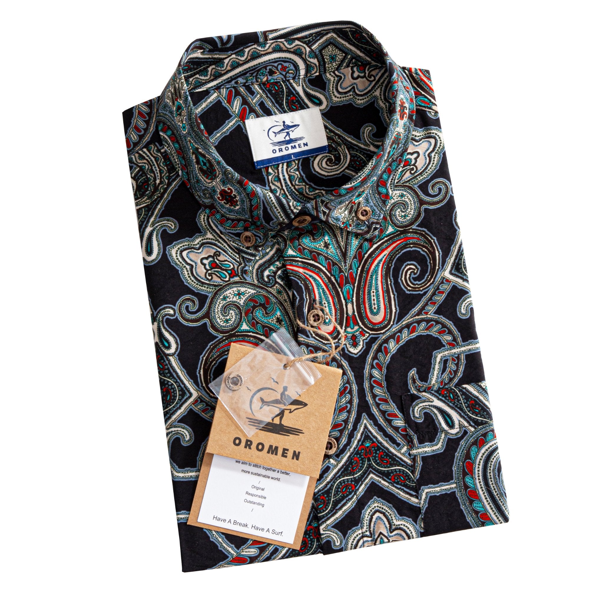 OROMEN Nostalgic Paisley Hawaiian Shirt – Folded with Brand Tag – Retail Packaging