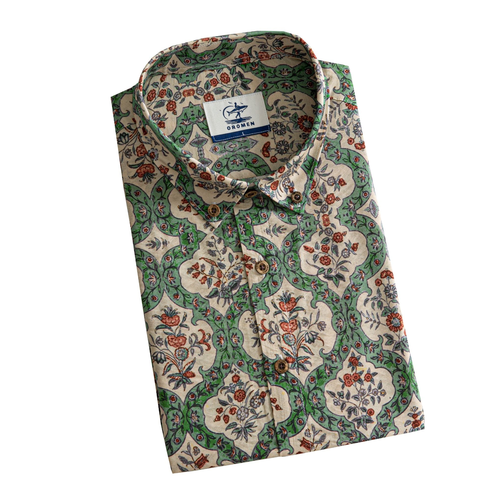 OROMEN Persian Garden Hawaiian Shirt – folded flat lay with brand label cream and green Persian floral print