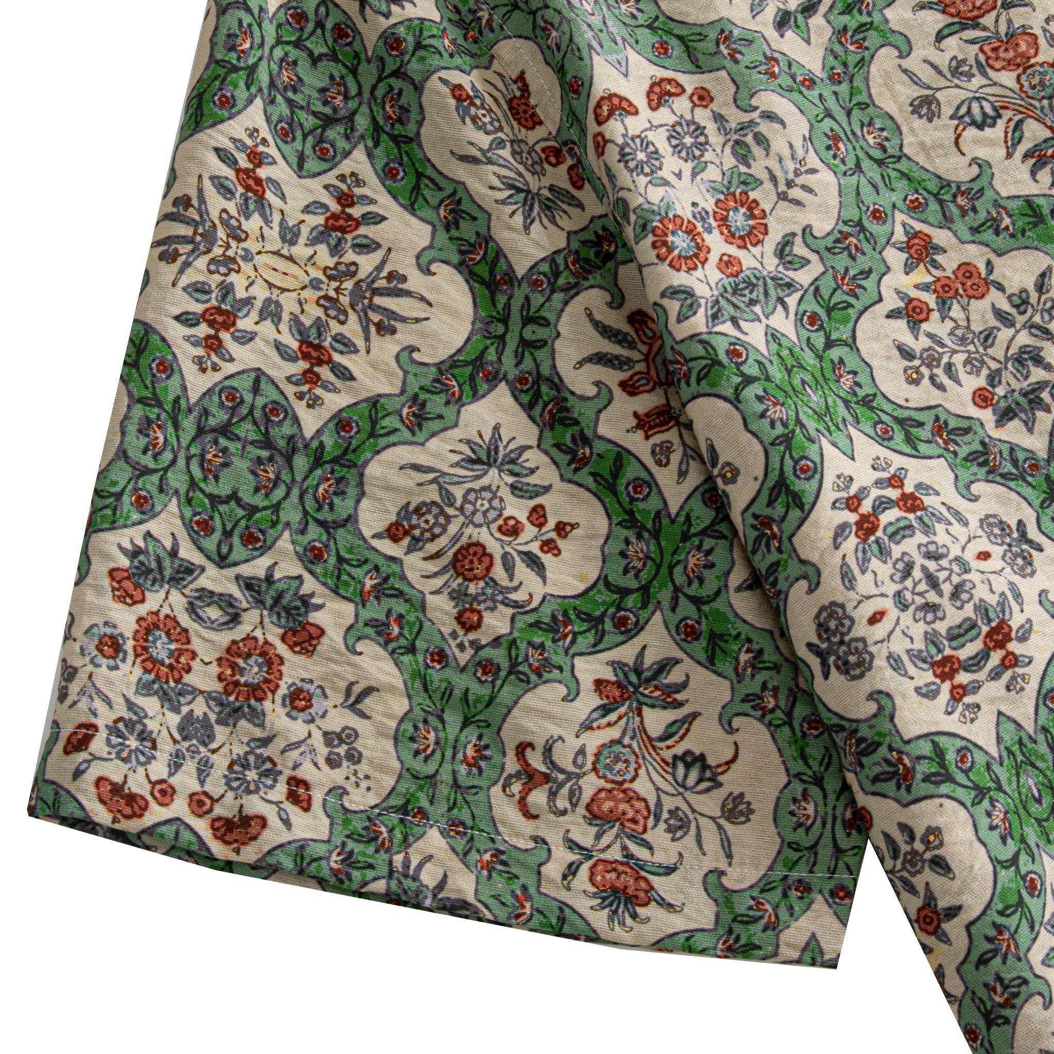 OROMEN Persian Garden Hawaiian Shirt – sleeve cuff detail hand-painted Persian botanical print fabric