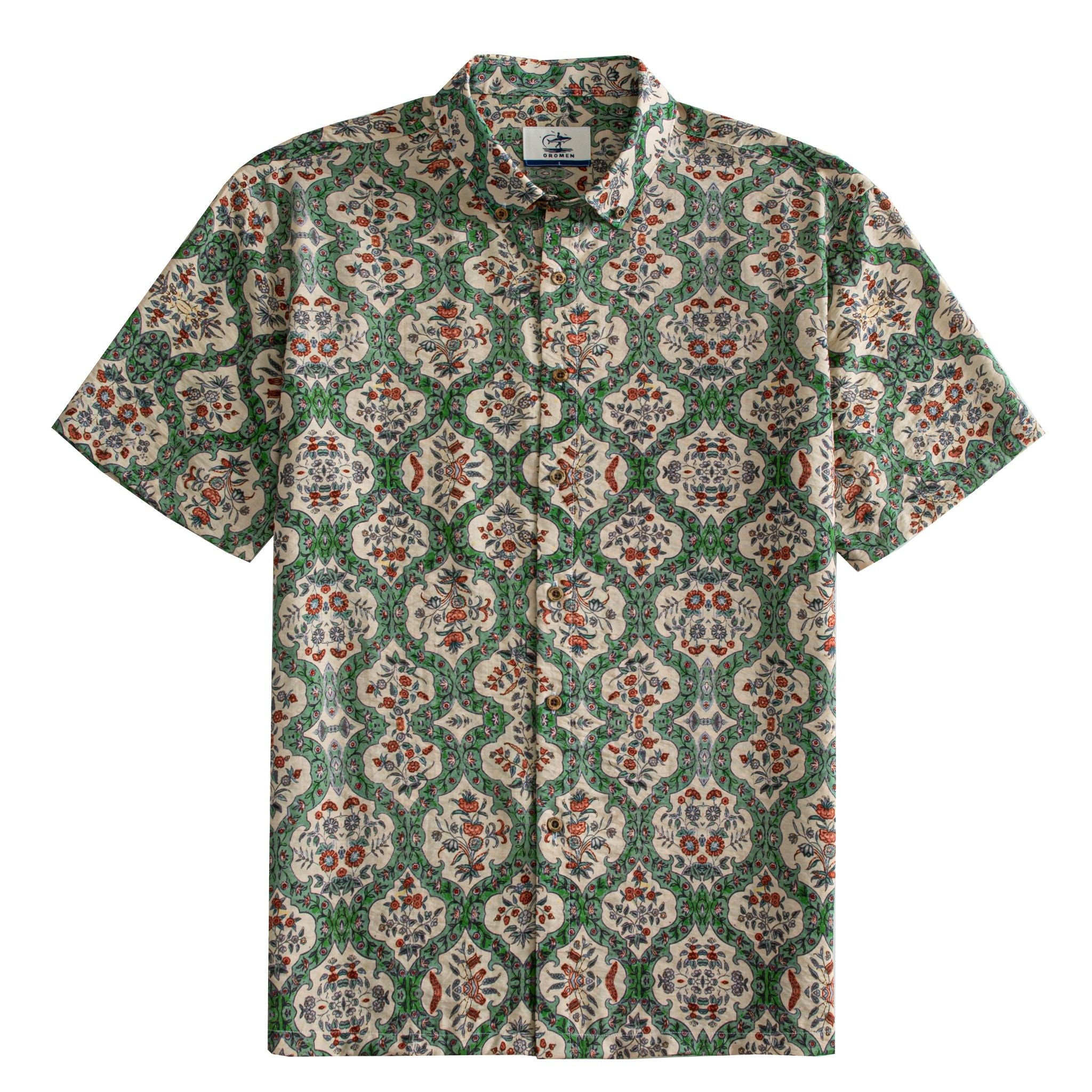 OROMEN Persian Garden Hawaiian Shirt – front view, cream and green Persian botanical print