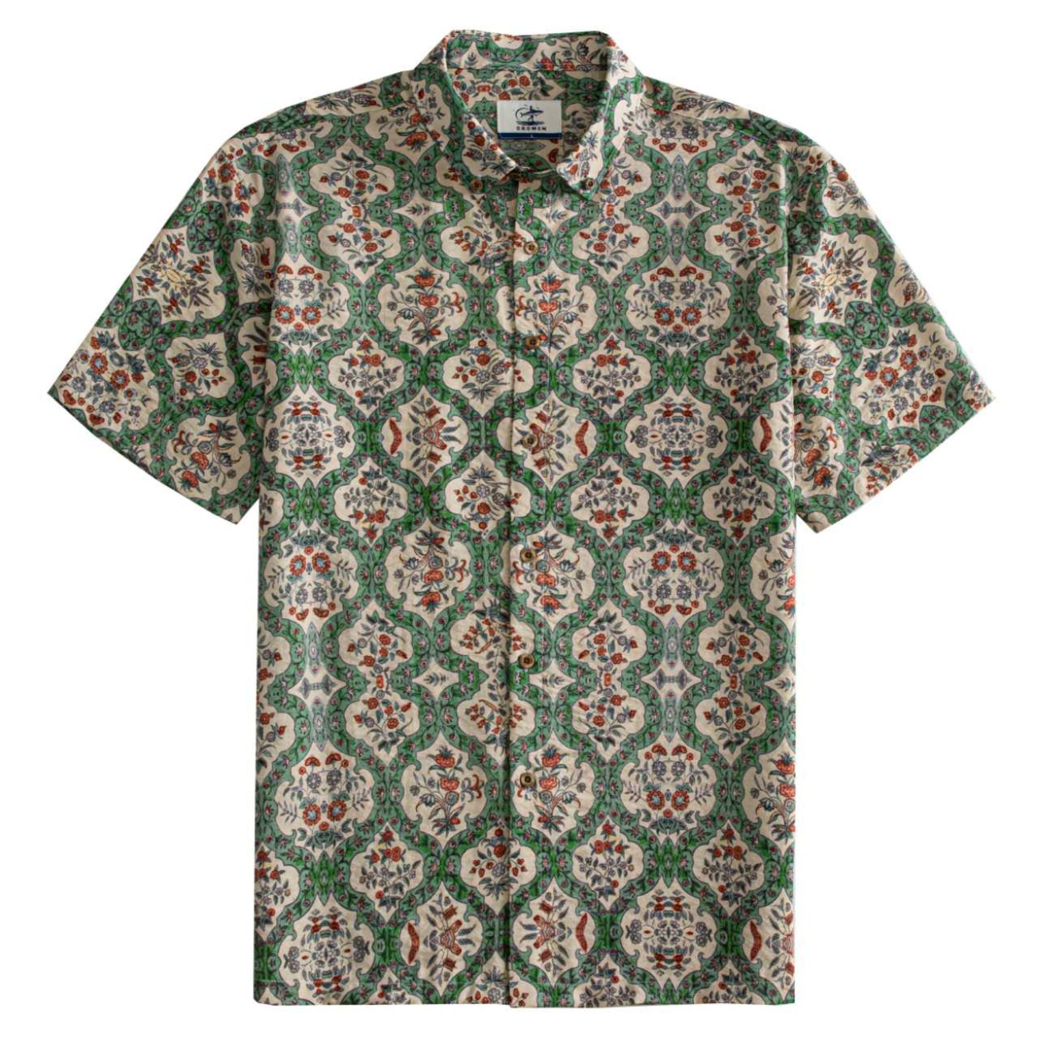 OROMEN Persian Garden Hawaiian Shirt – front view cream and green Persian botanical print