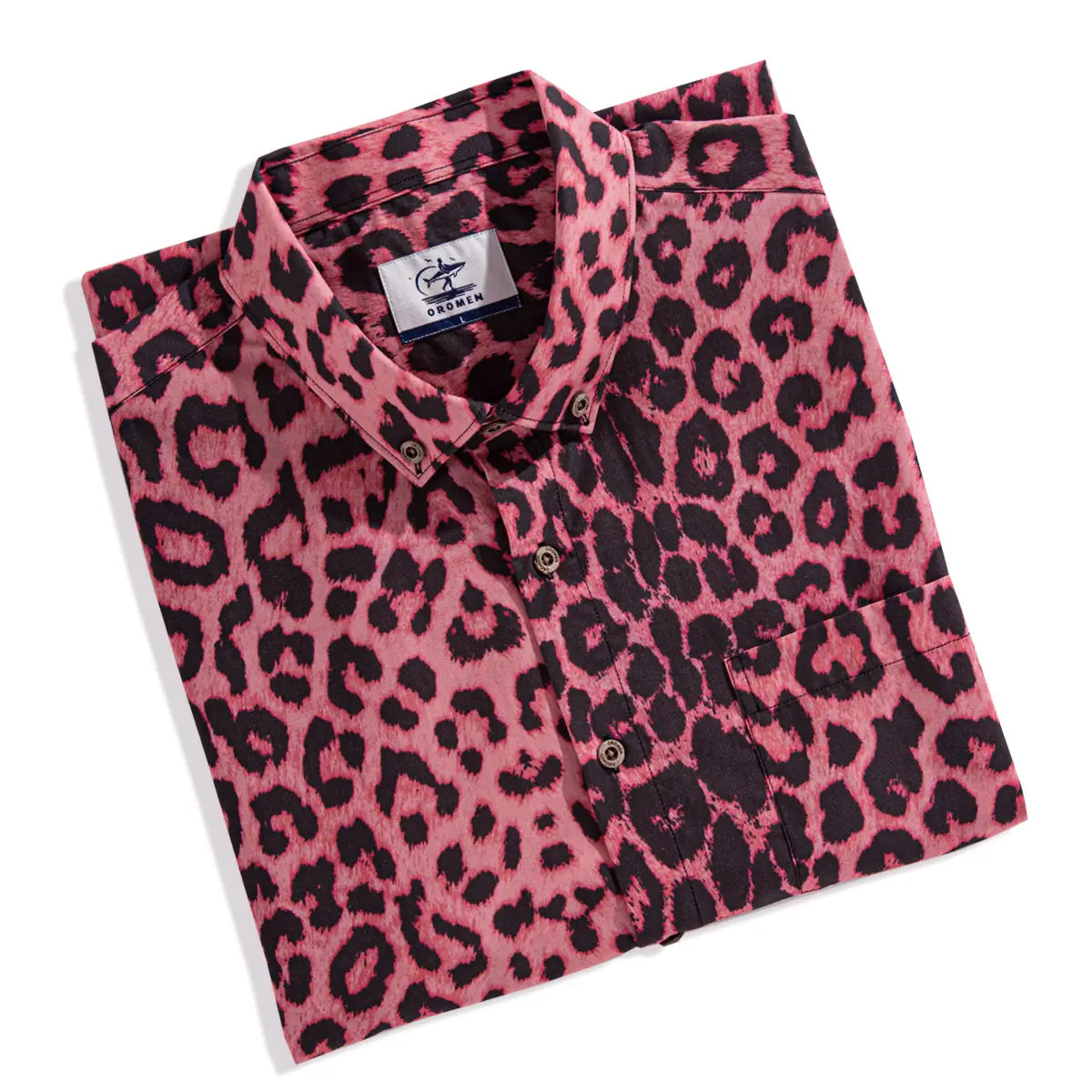 OROMEN Pink Leopard Hawaiian Shirt folded flat lay — blush pink leopard print