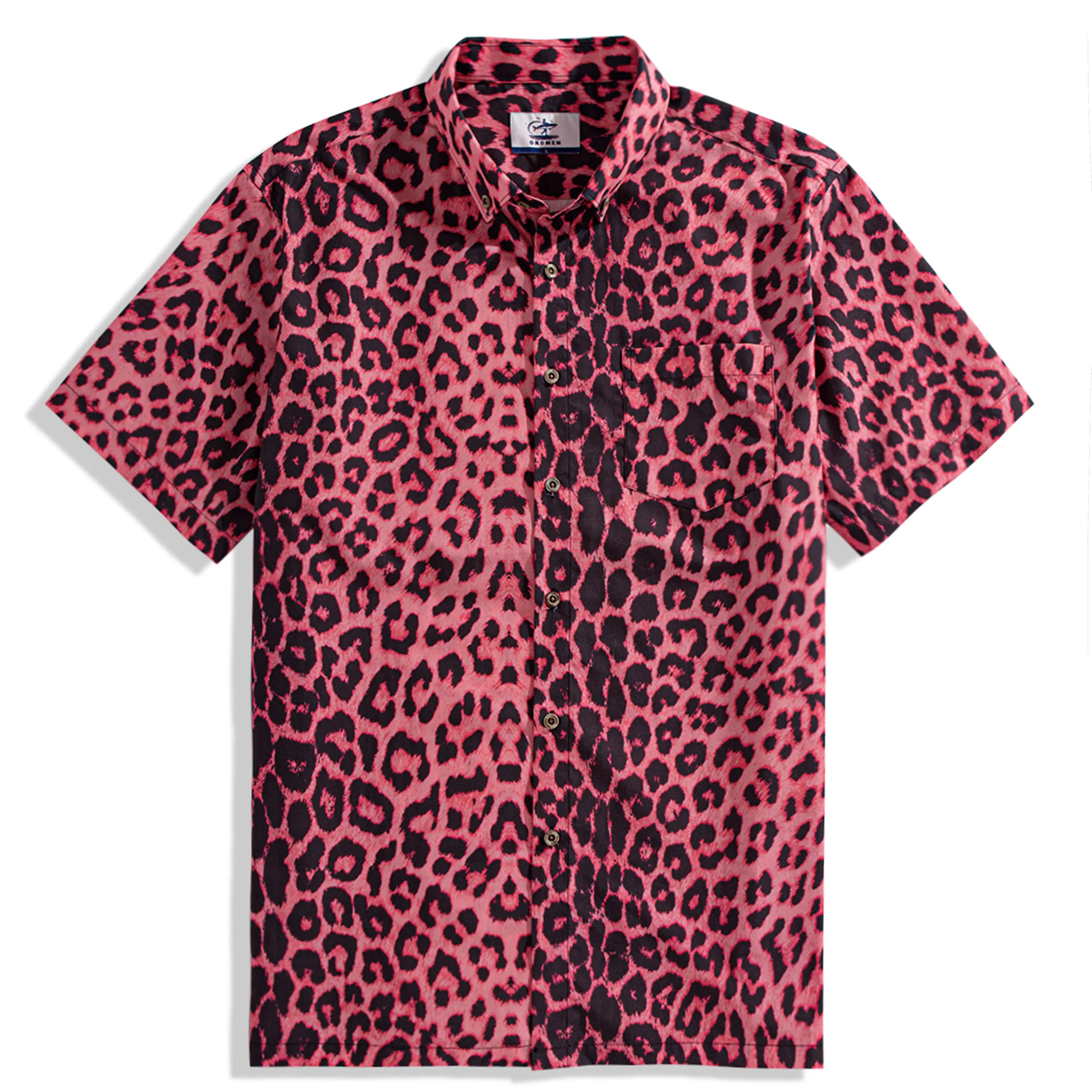 OROMEN Pink Leopard Hawaiian Shirt front view — hand-painted aloha shirt