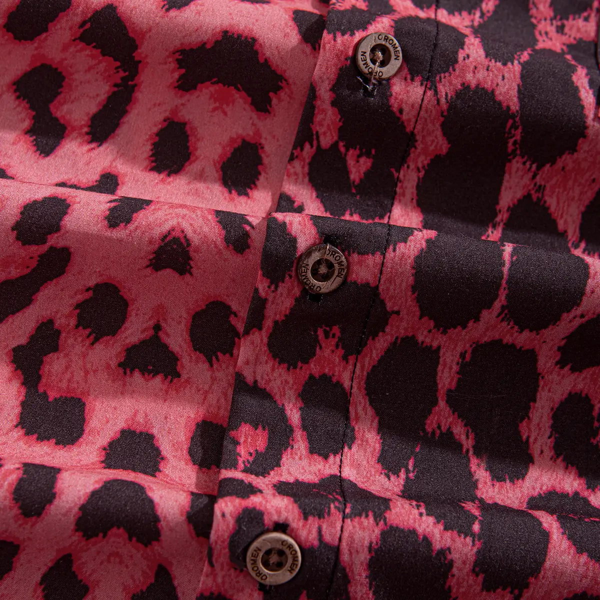 OROMEN Pink Leopard Hawaiian Shirt — natural coconut buttons detail