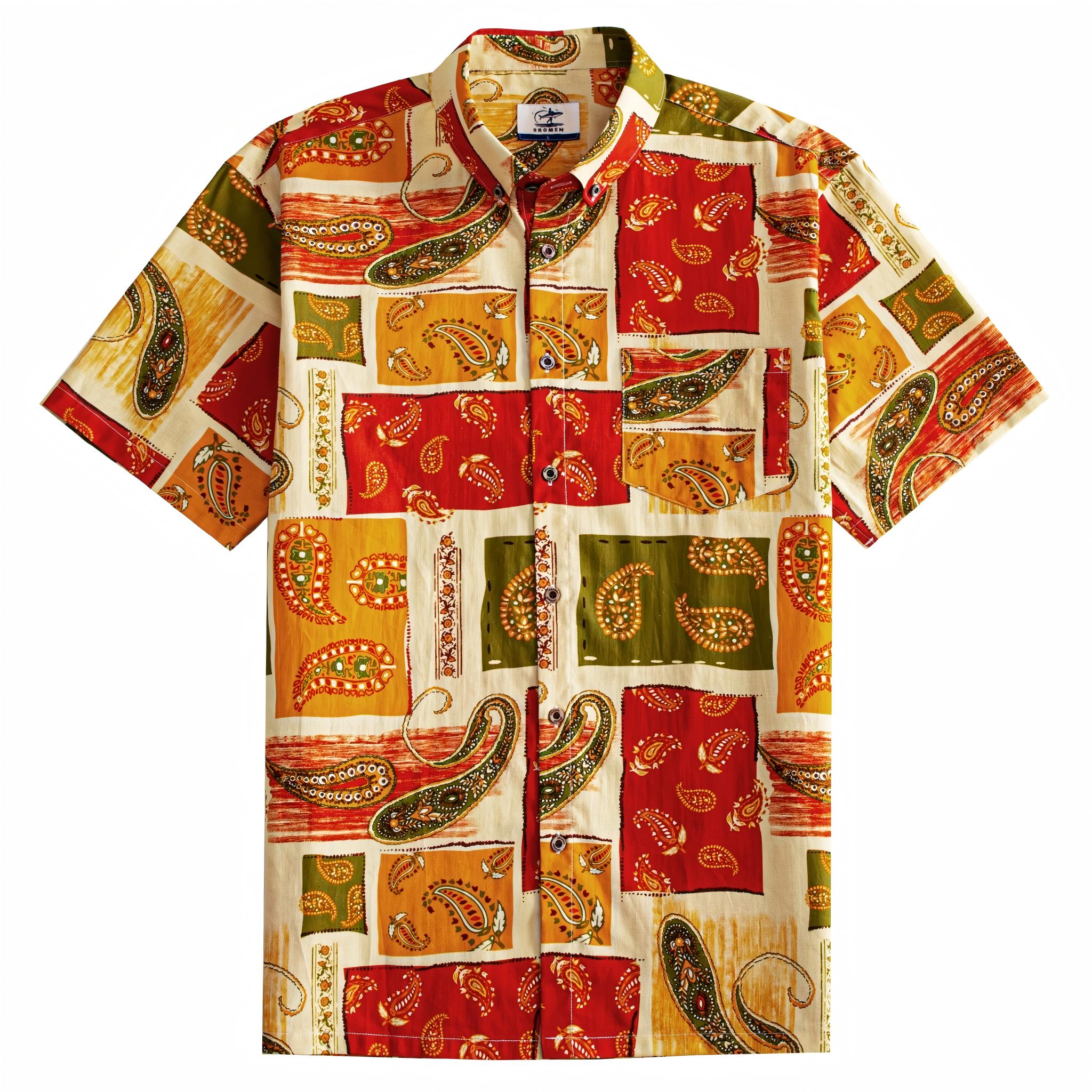 OROMEN Rajasthan Paisley Hawaiian shirt front flat lay showing full allover multi-color paisley patchwork print in crimson, amber, olive and cream