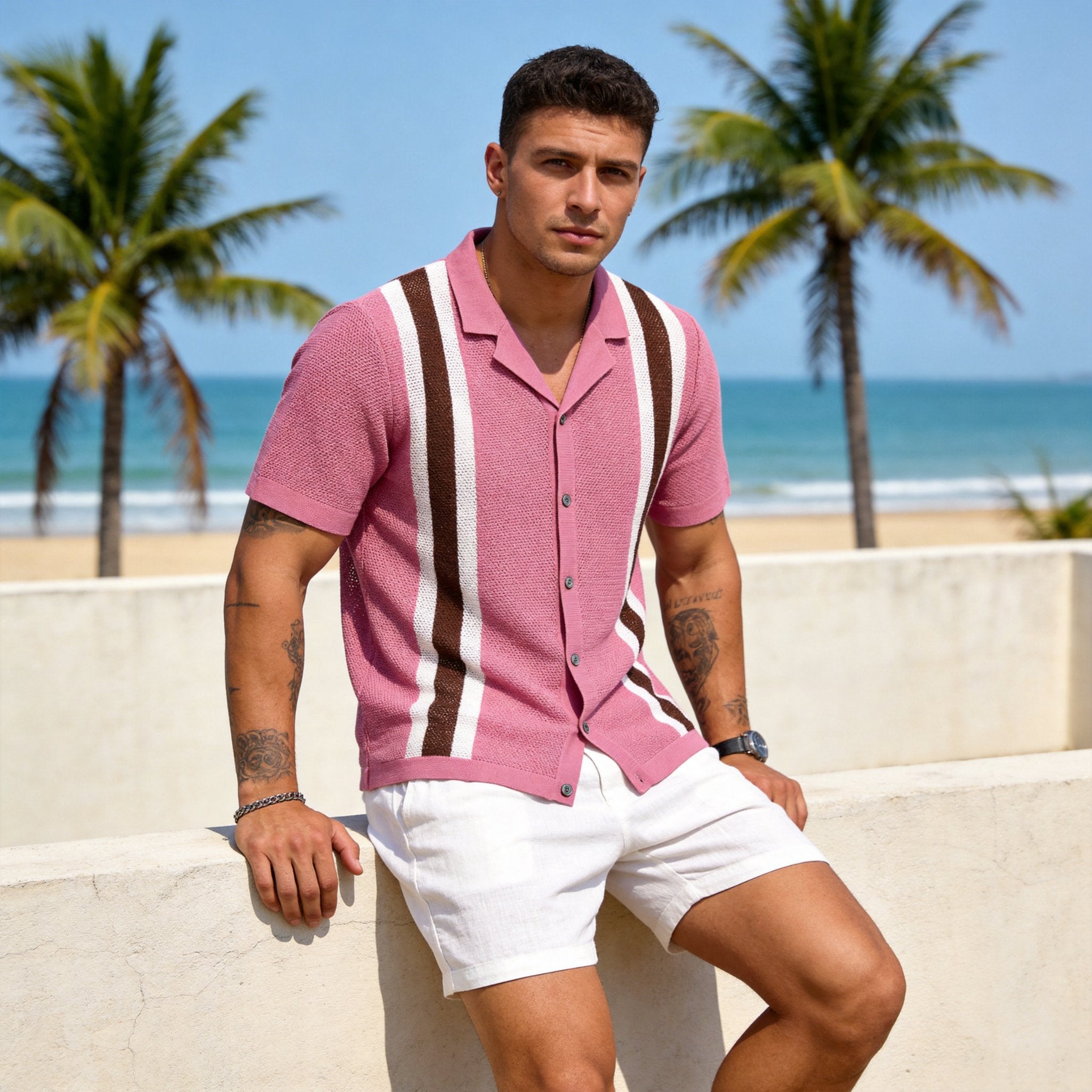 OROMEN Raspberry Pink Knit Polo Shirt – Side Profile View