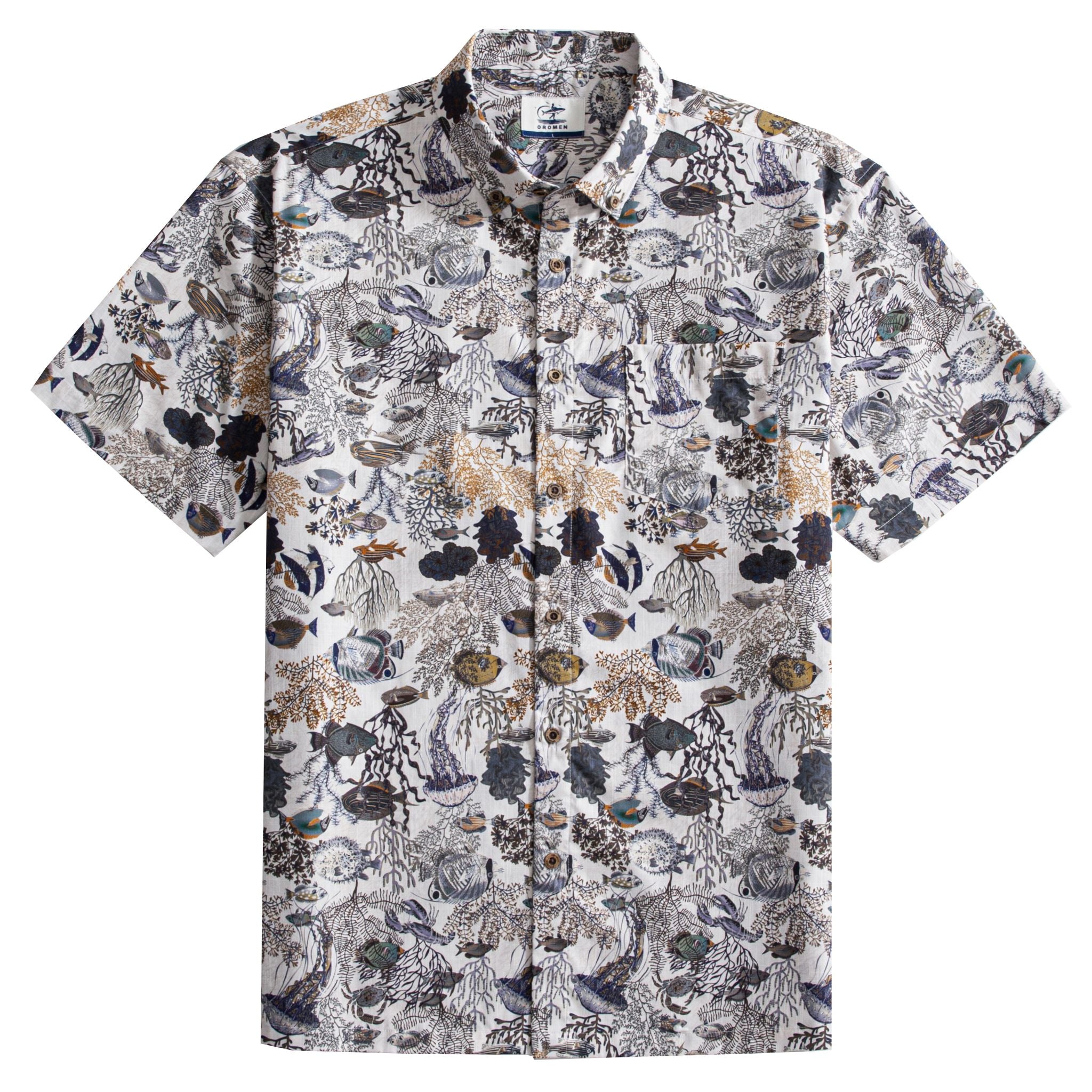 OROMEN Reef Atlas Hawaiian shirt flat lay – white with hand-painted marine naturalist print tropical fish coral and coconut buttons