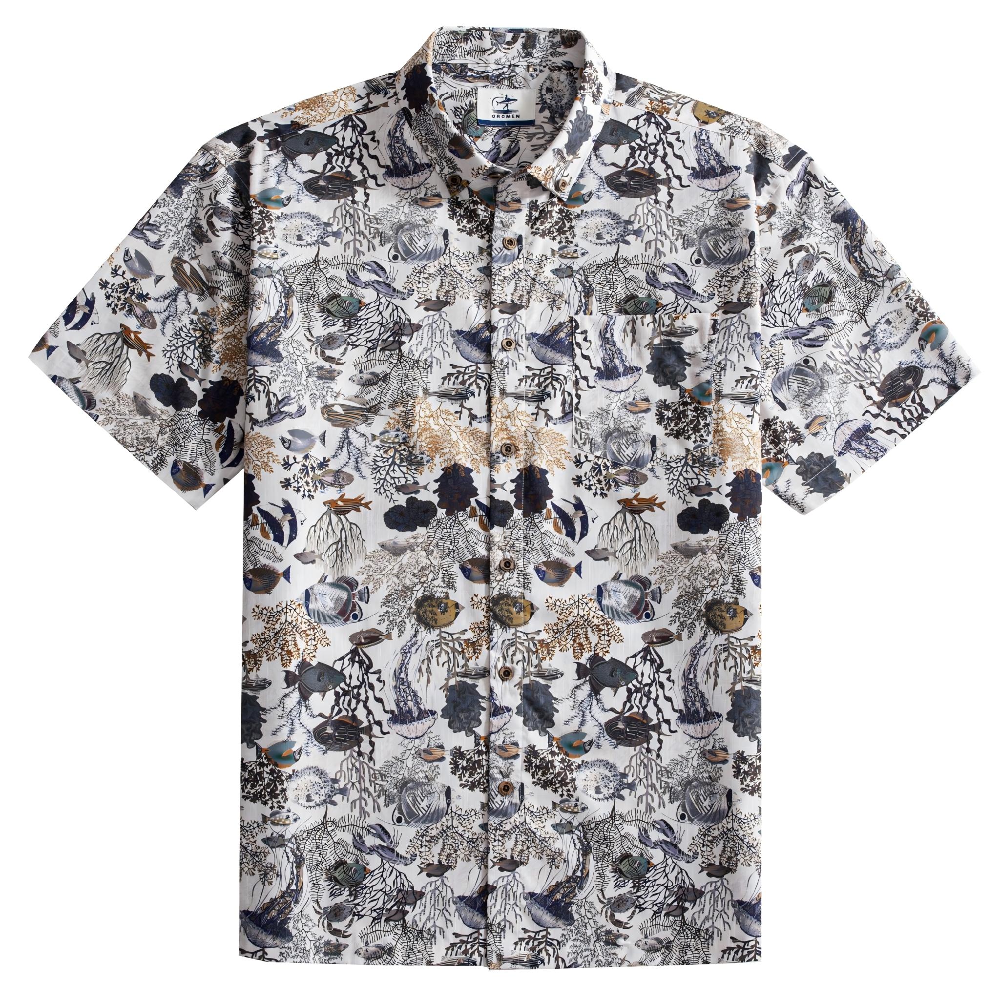 OROMEN Reef Atlas Hawaiian shirt flat lay – white with hand-painted marine naturalist print tropical fish coral and coconut buttons