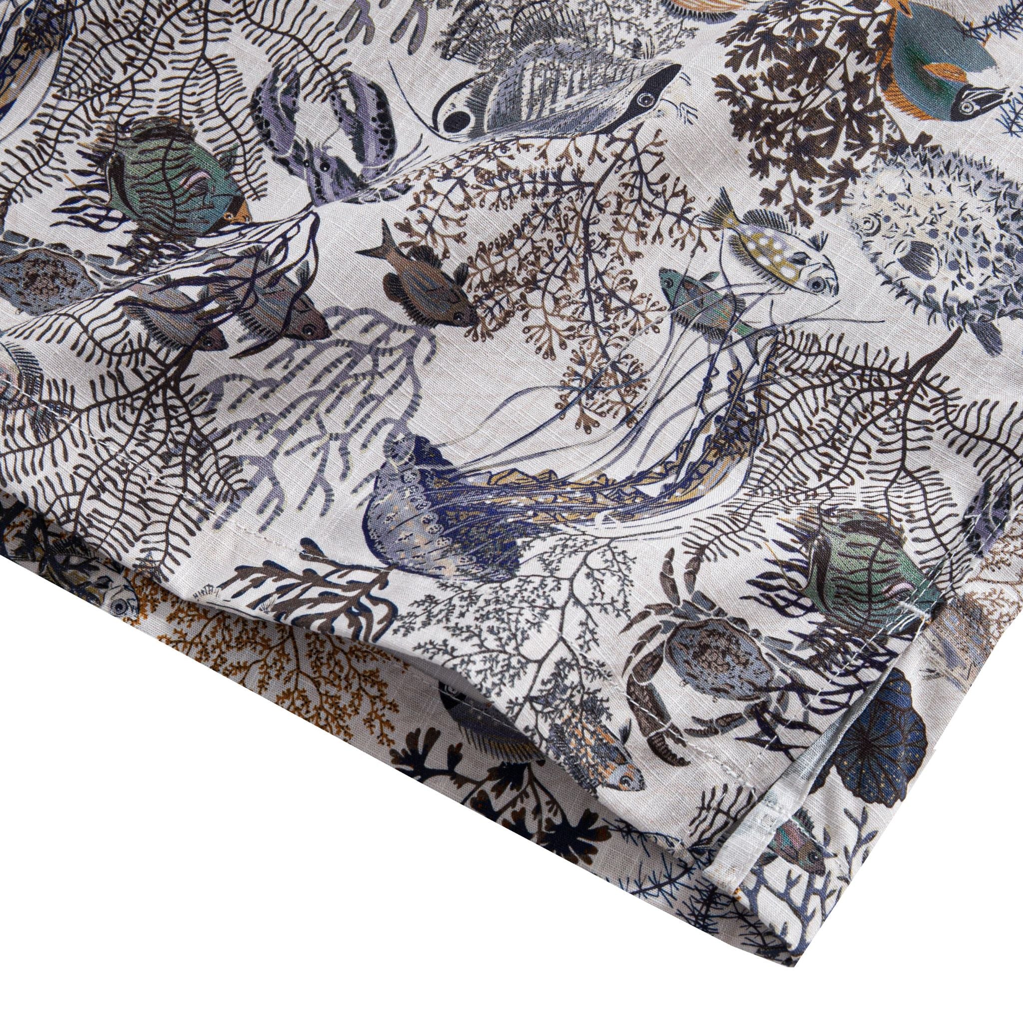 OROMEN Reef Atlas Hawaiian shirt – side vent and double needle stitching detail with tropical fish and coral print hem
