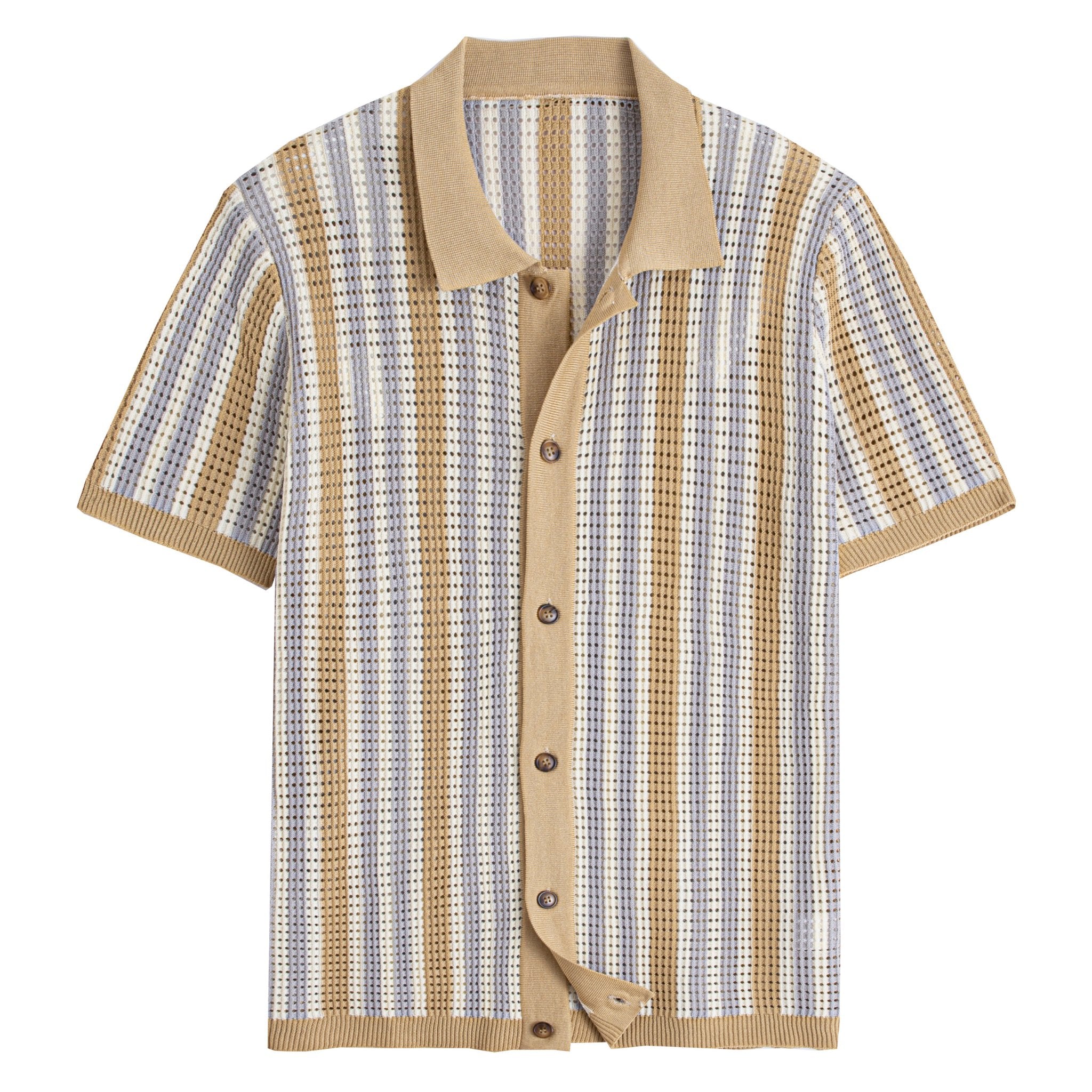 OROMEN Retro Stripe Open-Knit Mesh Polo Shirt in Khaki – Front View