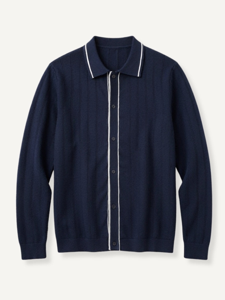 OROMEN Ribbed Contrast Knit Polo front flat lay in navy blue with white contrast piping