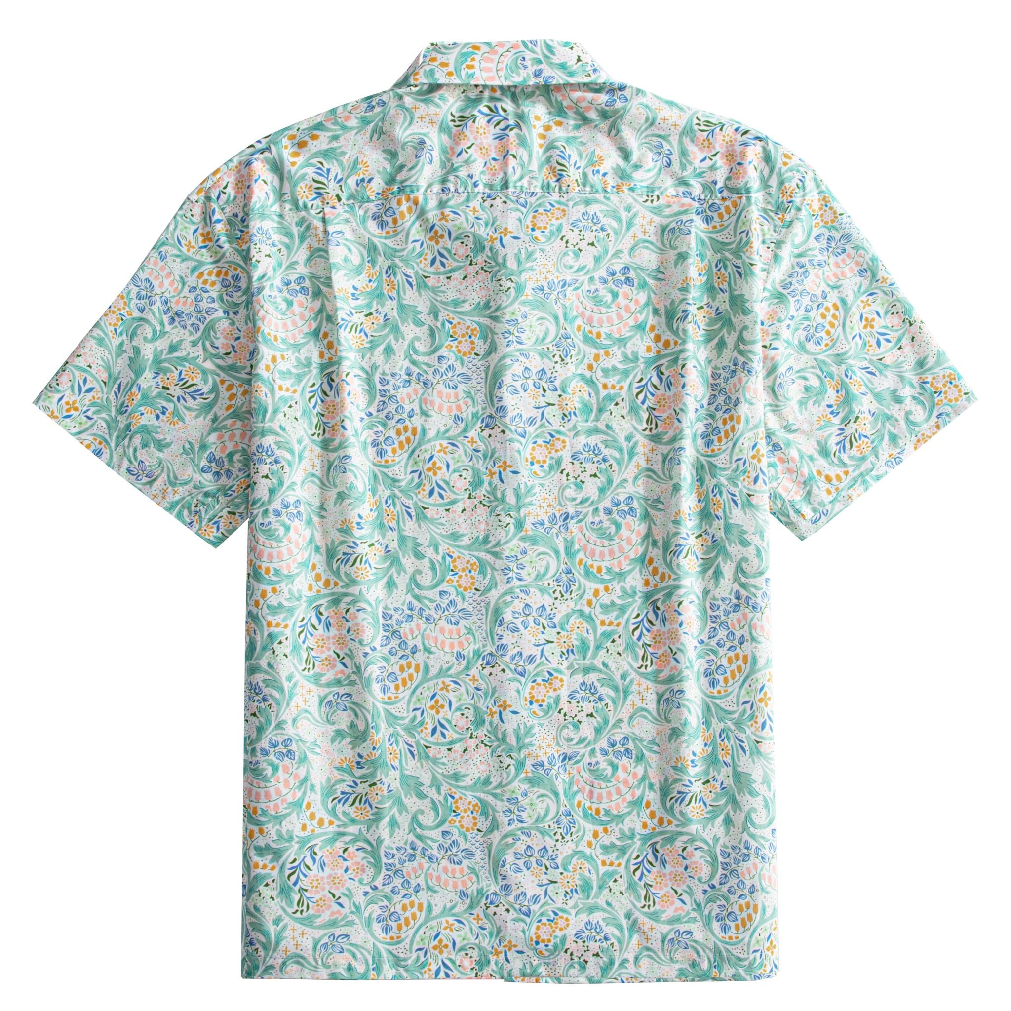 OROMEN Rococo Bloom Hawaiian shirt – back view with full Baroque scroll and tropical floral print, mint green on white, back box pleat