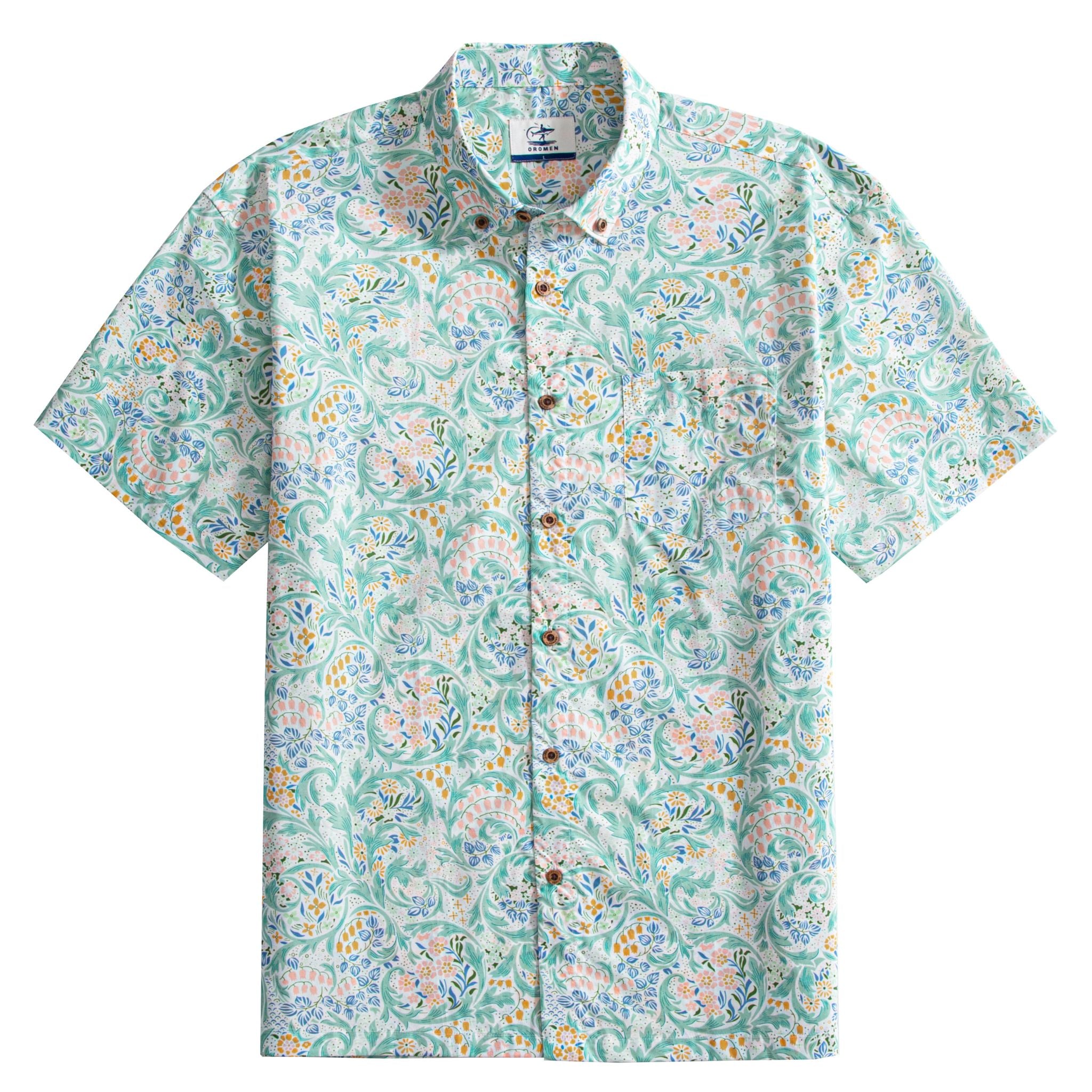 OROMEN Rococo Bloom Hawaiian shirt flat lay – mint green with hand-painted Baroque scroll and tropical floral print, coconut buttons