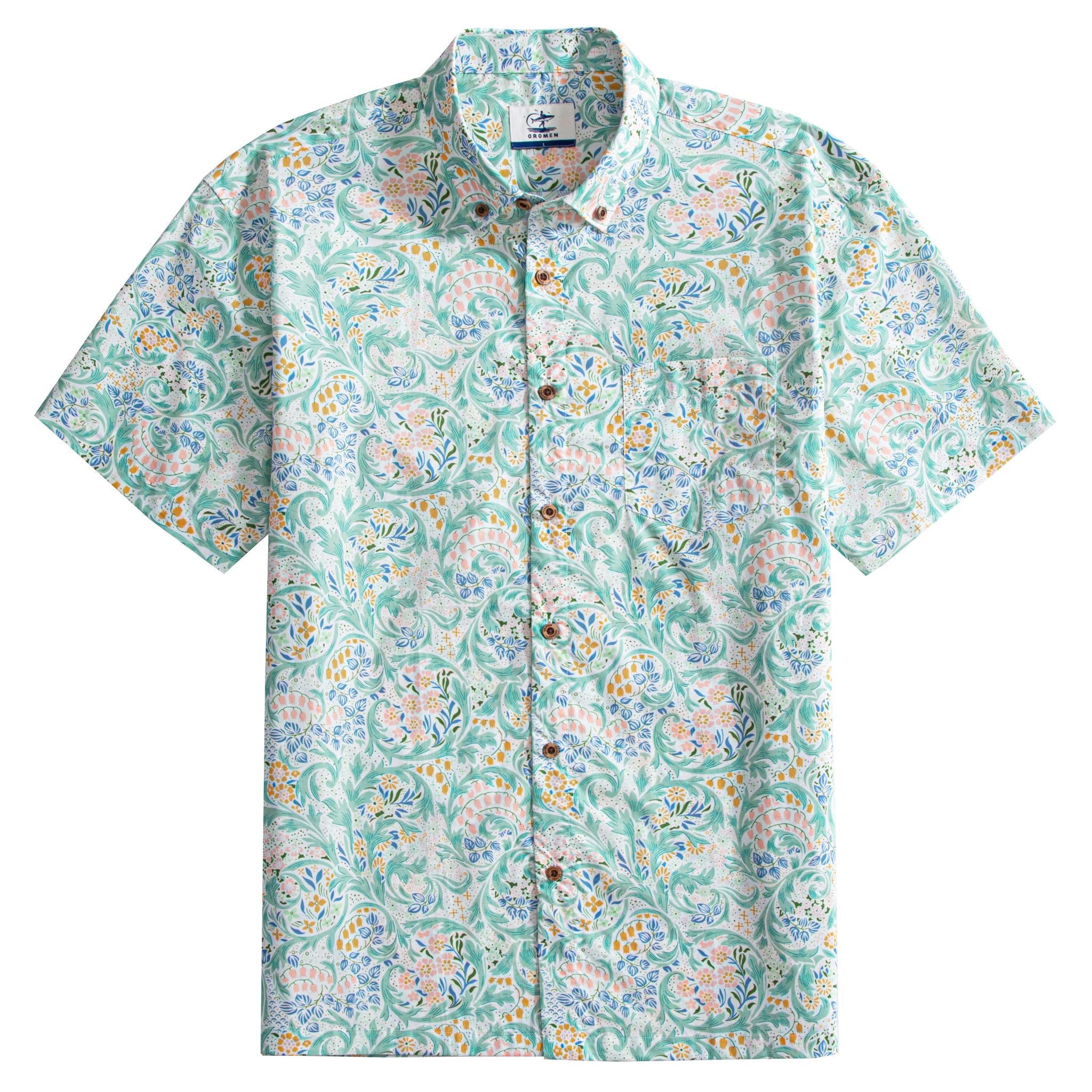 OROMEN Rococo Bloom Hawaiian shirt flat lay – mint green with hand-painted Baroque scroll and tropical floral print, coconut buttons
