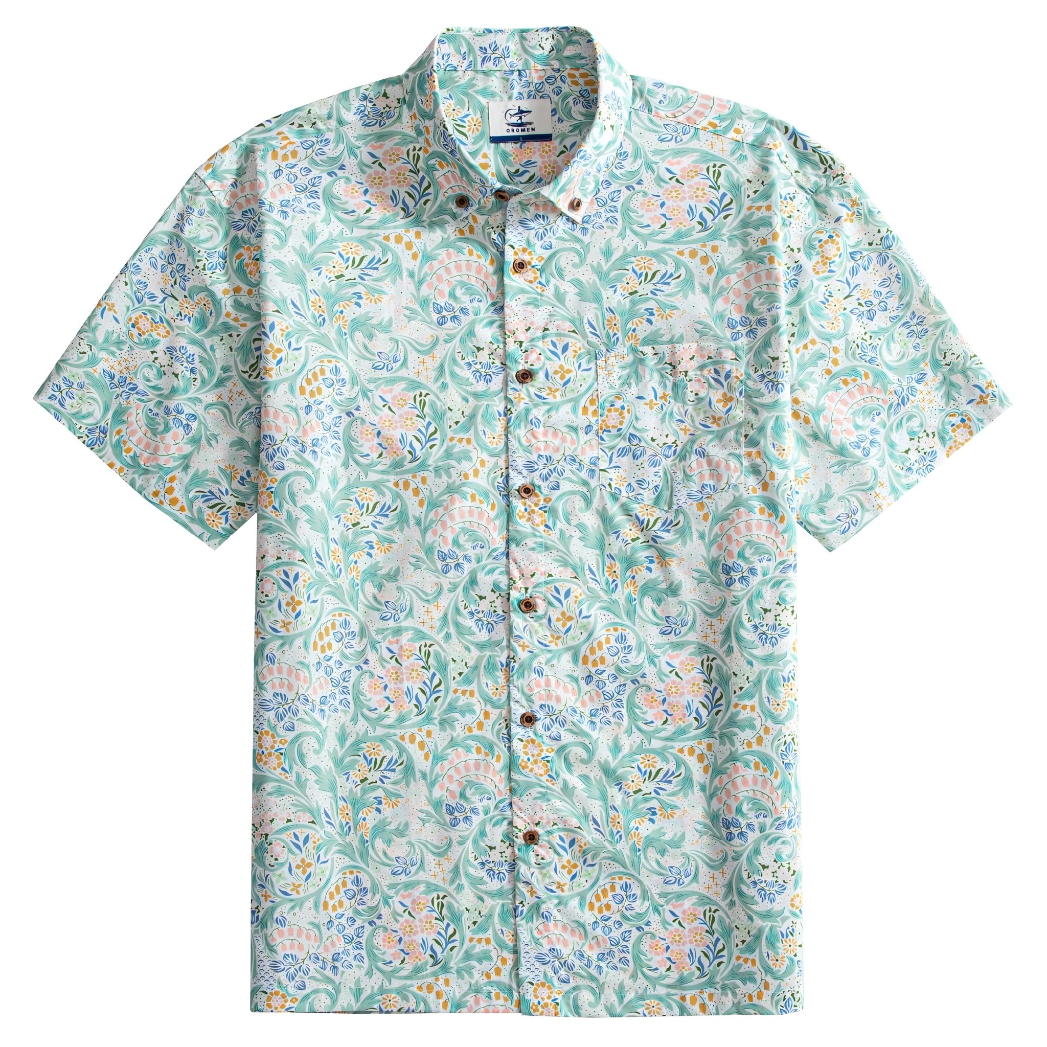 OROMEN Rococo Bloom Hawaiian shirt flat lay – mint green with hand-painted Baroque scroll and tropical floral print, coconut buttons