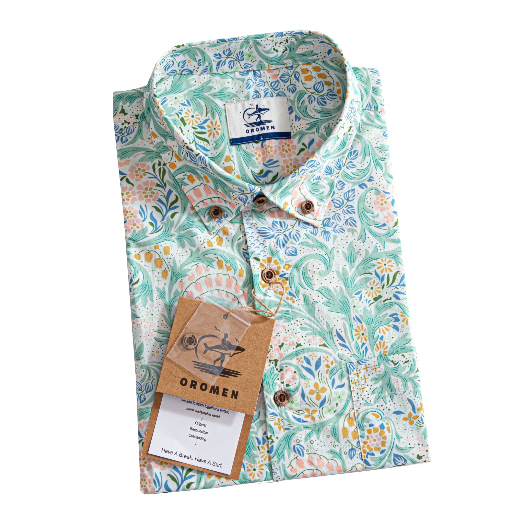 OROMEN Rococo Bloom Hawaiian shirt – folded front view showing hand-painted Baroque scroll and floral print on mint cotton
