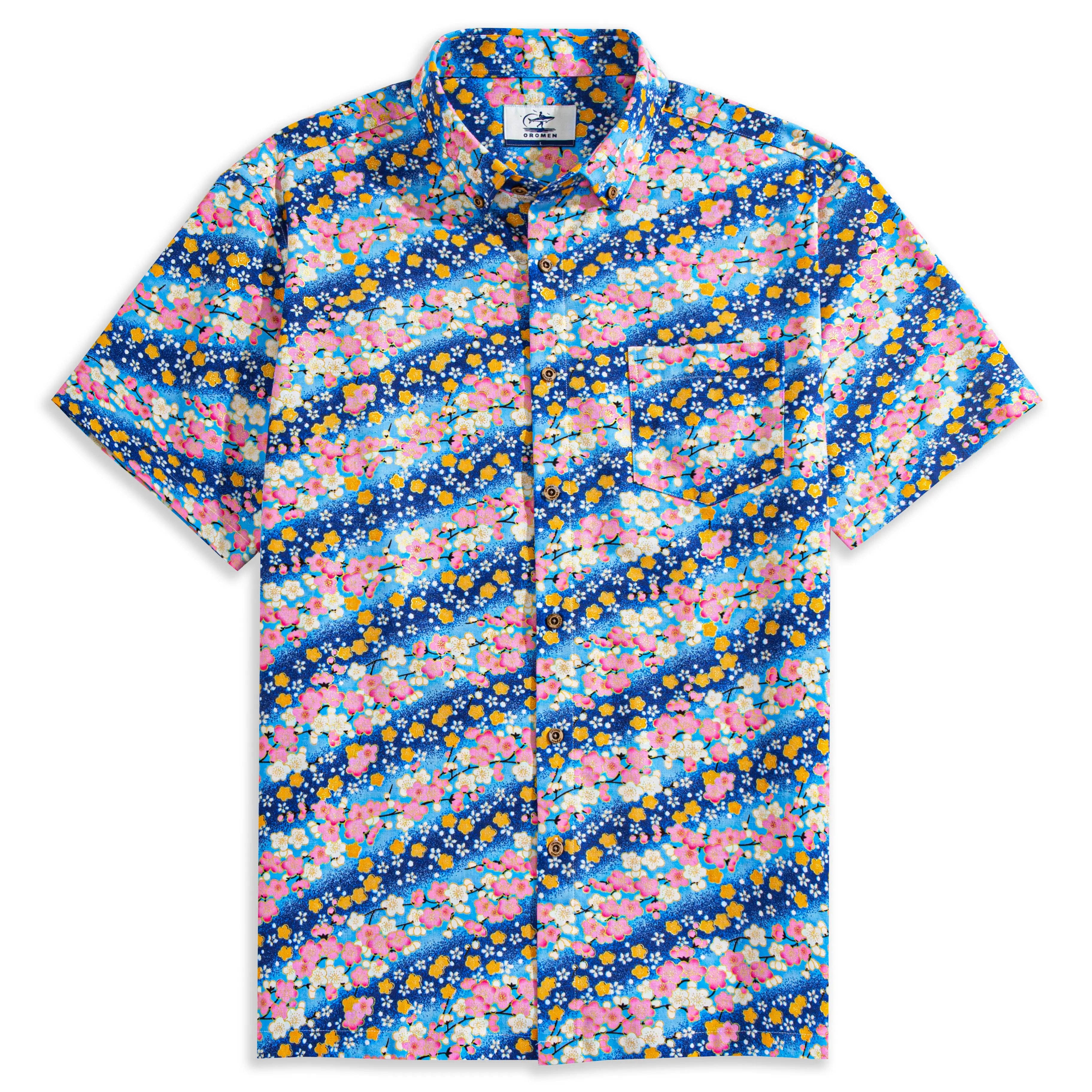 OROMEN Sakura Blooms Hawaiian Shirt – Blue Cotton, Pink Cherry Blossom and Golden Plum Floral Print, Front View
