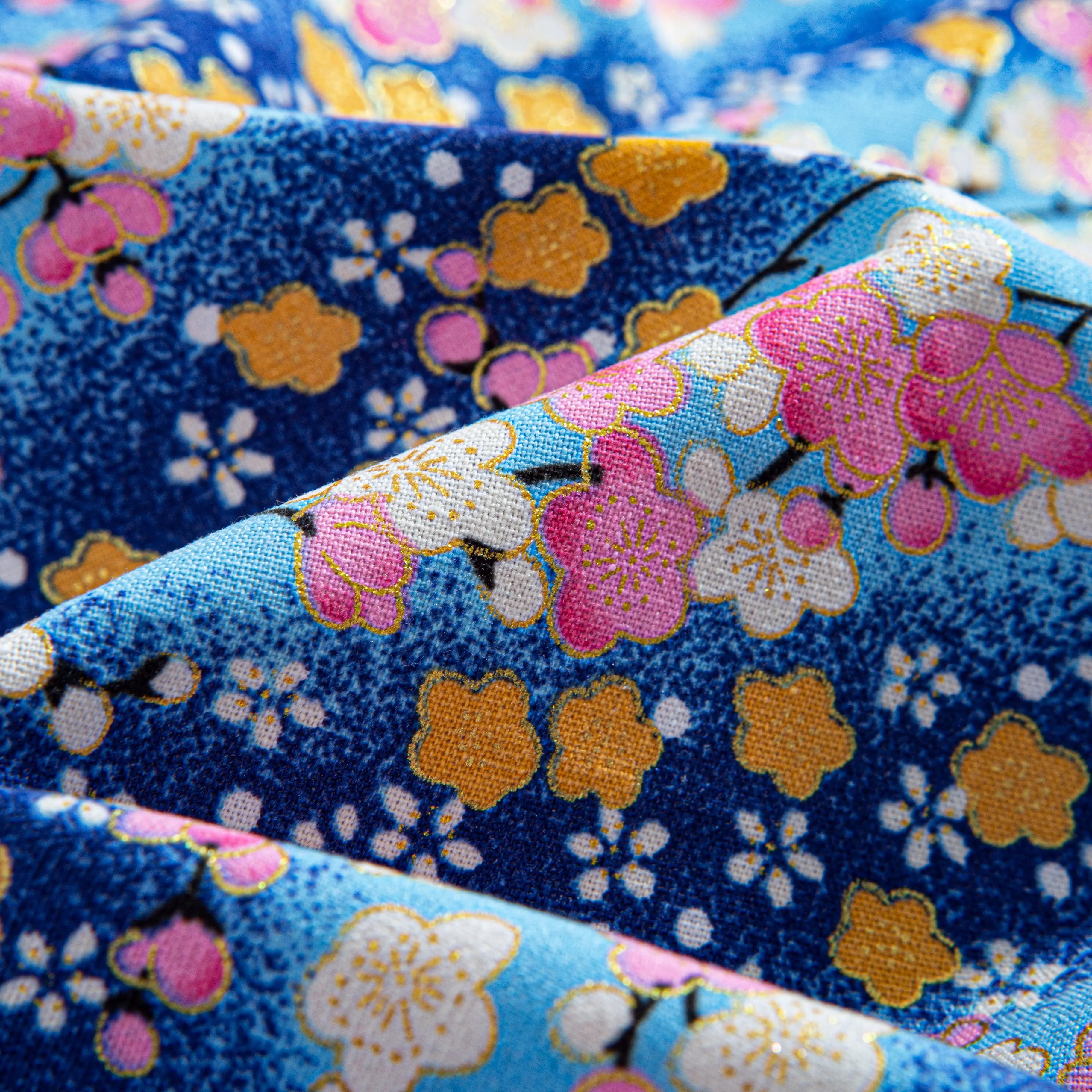 OROMEN Sakura Blooms Shirt – 100% Cotton Fabric Close-up, Pink Sakura, Golden Plum and White Floral Wagara Print