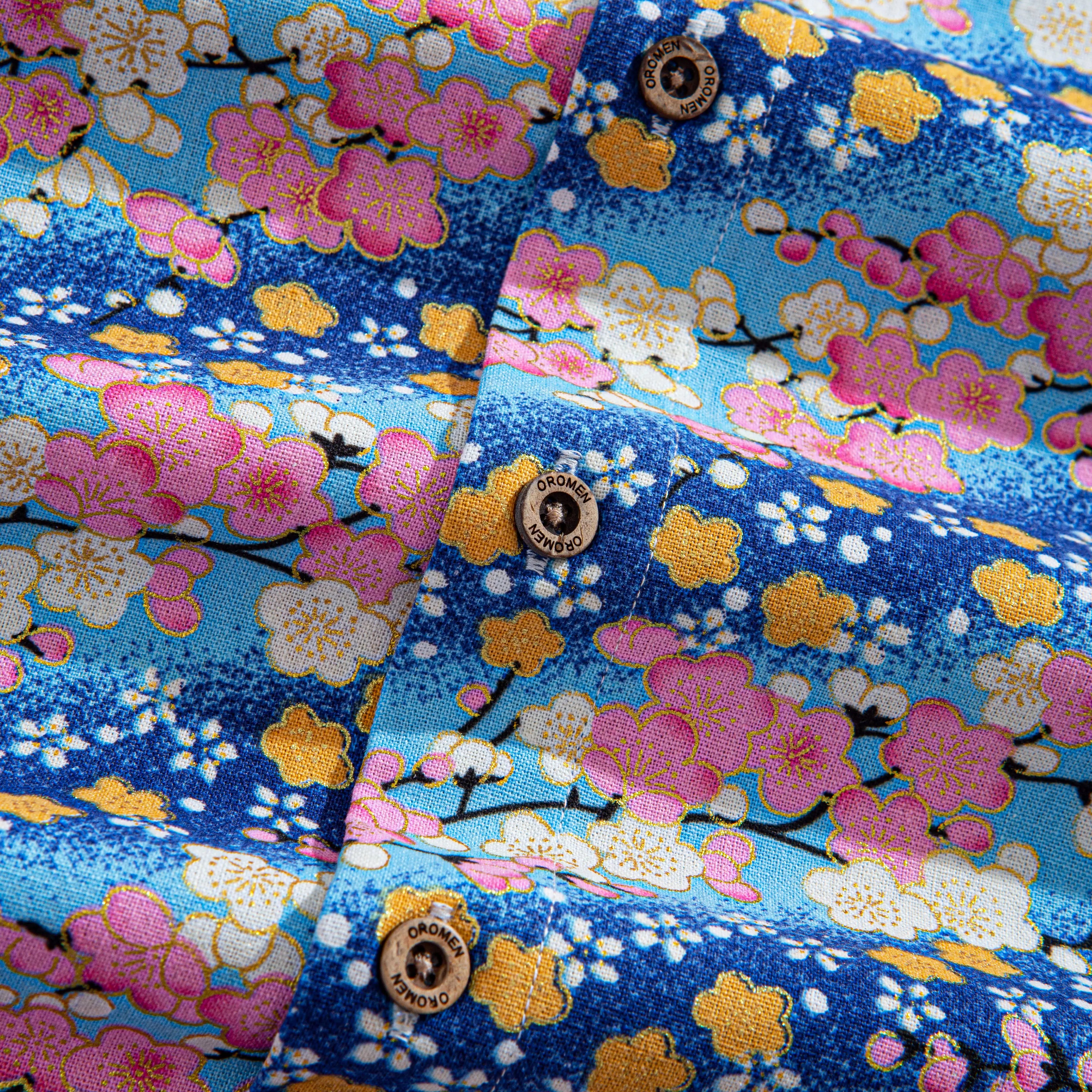 OROMEN Sakura Blooms Shirt – OROMEN Engraved Natural Coconut Button Detail, Japanese Cherry Blossom Print