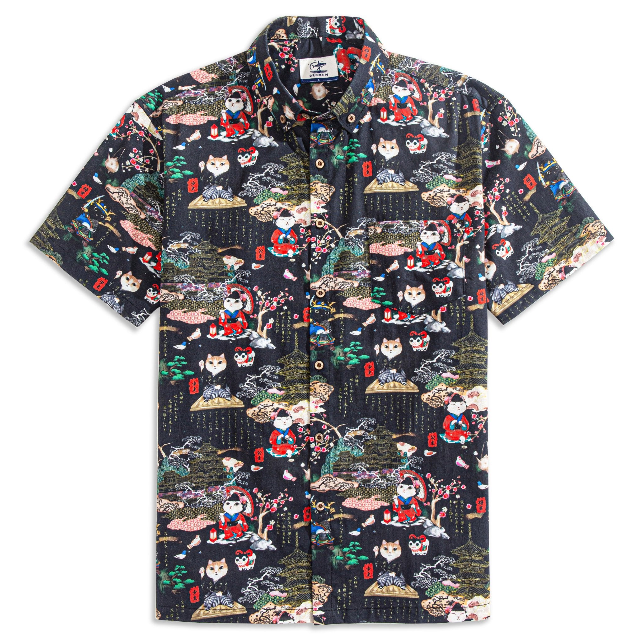OROMEN Samurai Cat Ukiyo-e cotton shirt – front view black