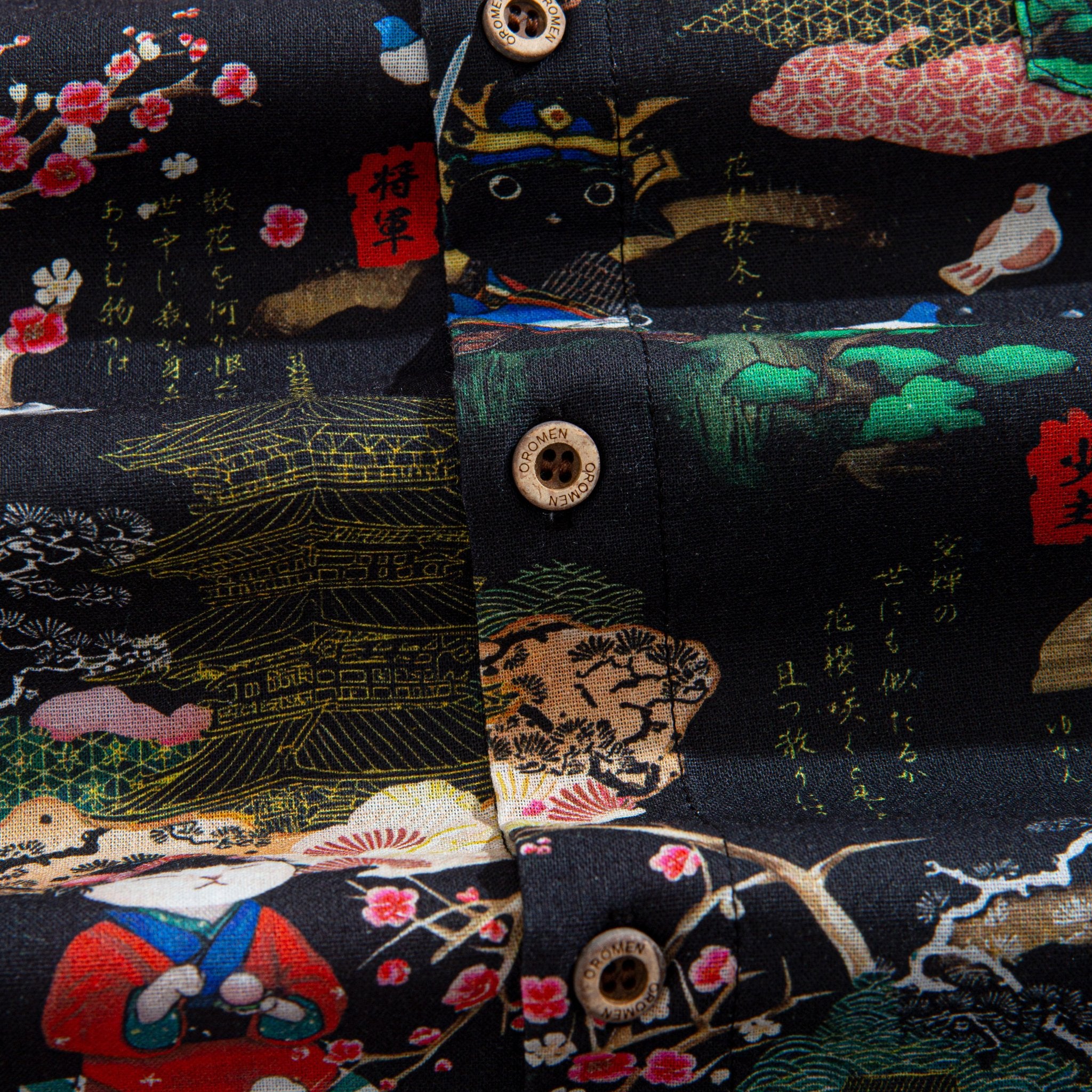 OROMEN Samurai Cat shirt – button-down collar coconut buttons close-up