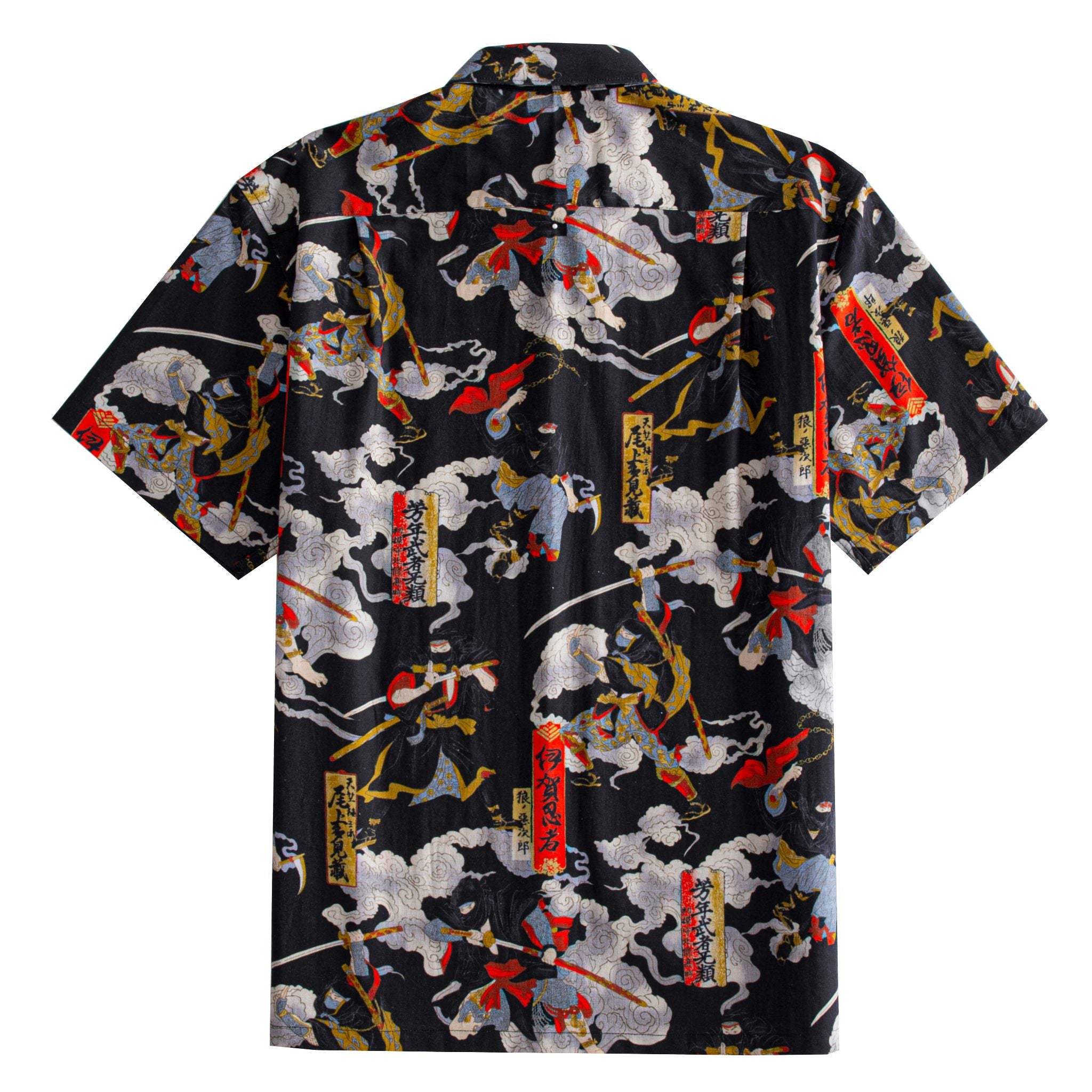 OROMEN Samurai Print Shirt – Back Flat Lay, Full Ukiyo-e Samurai Battle Print