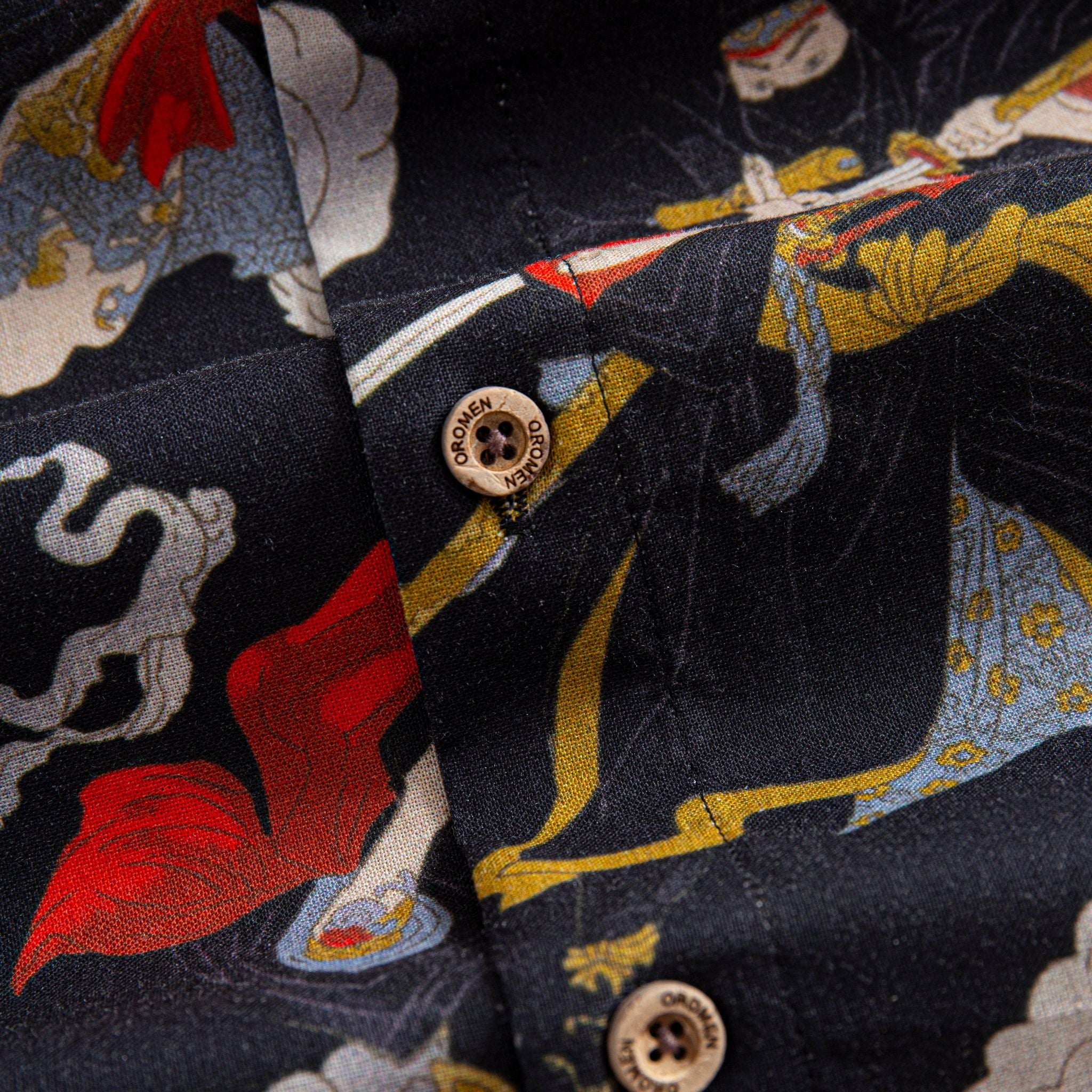 OROMEN Samurai Print Shirt – Branded Coconut Button Close-Up, 100% Cotton Fabric