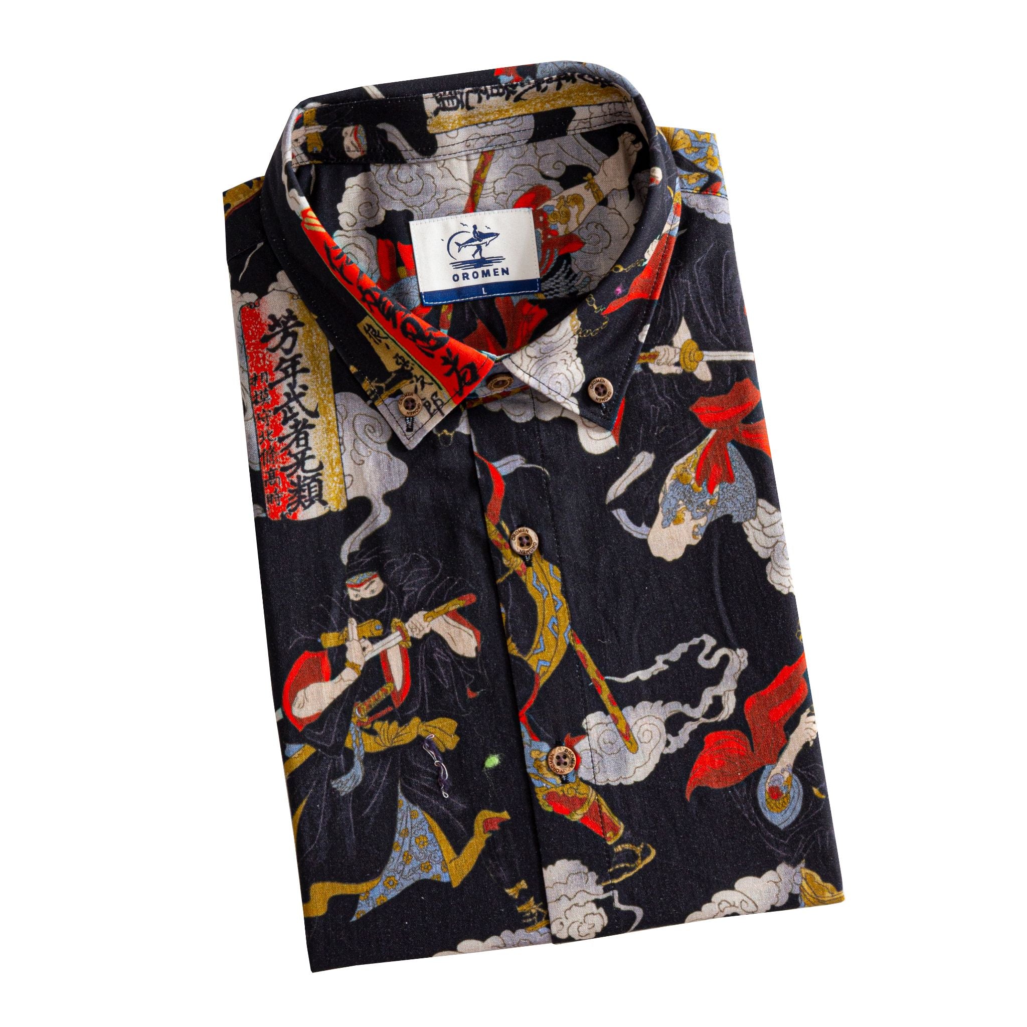 OROMEN Samurai Print Shirt – Folded Display, Japanese Warrior & Calligraphy Print