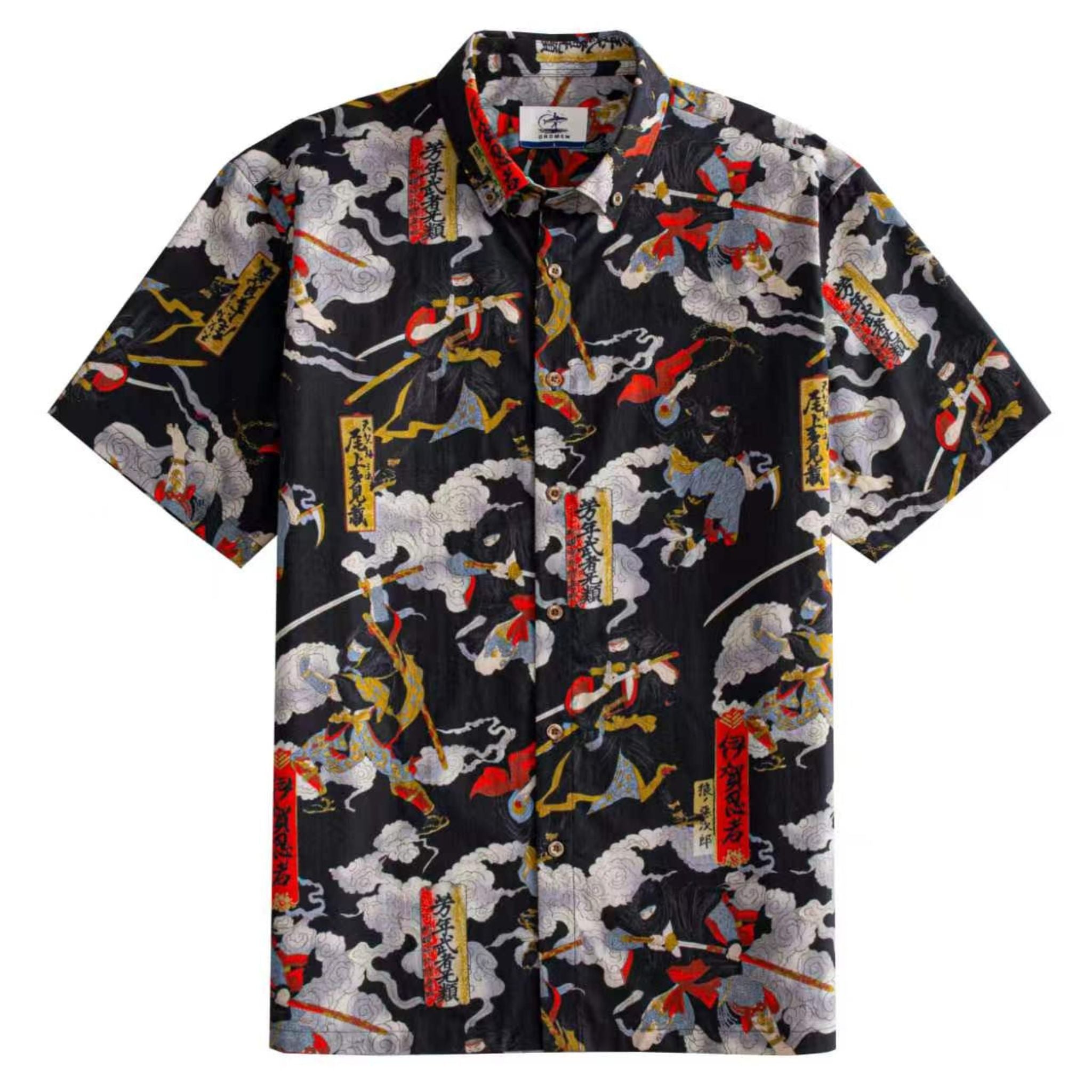 OROMEN Samurai Print Shirt – Front Flat Lay Black Ukiyo-e Battle Scene with Calligraphy Seals