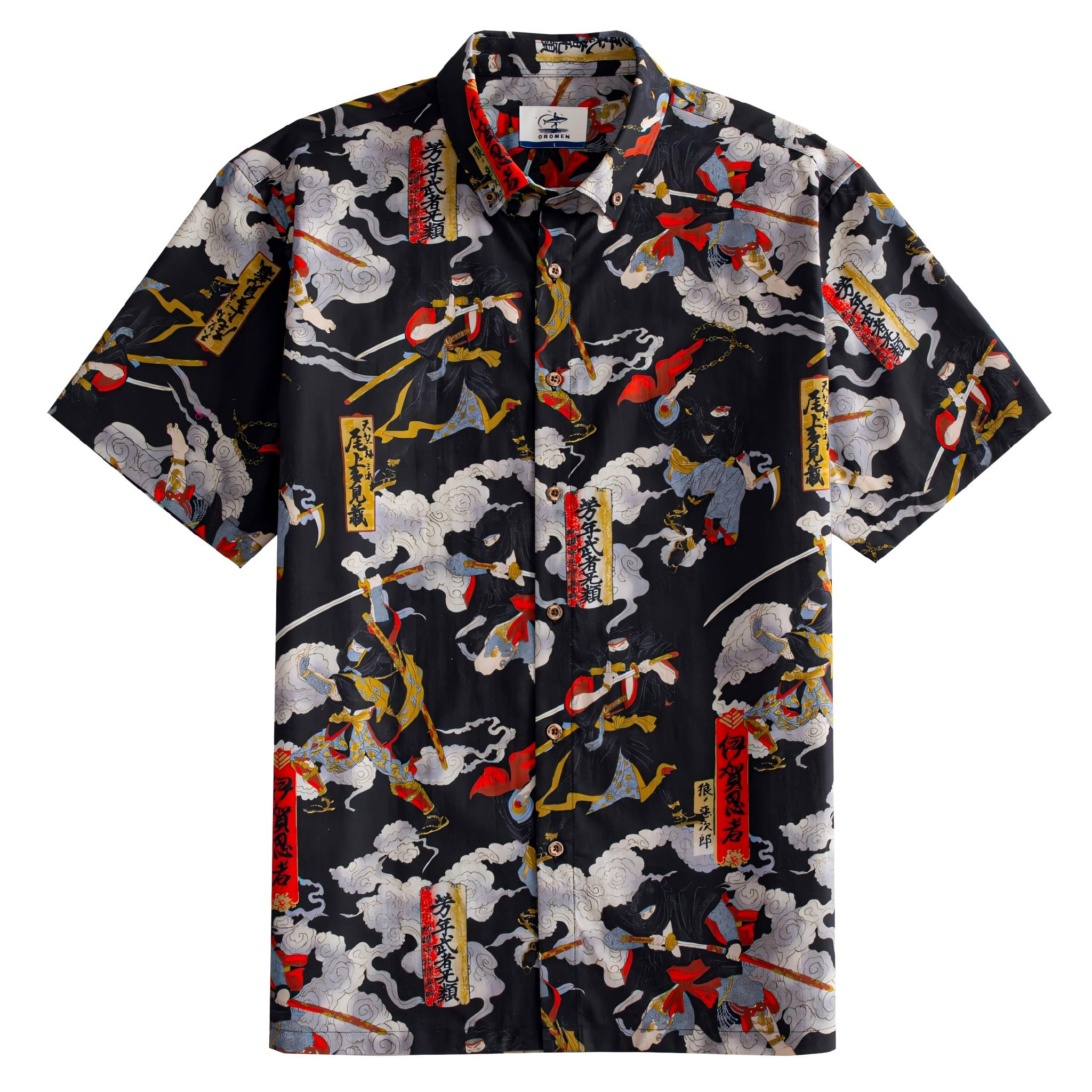 OROMEN Samurai Print Shirt – Front Flat Lay Black Ukiyo-e Battle Scene with Calligraphy Seals