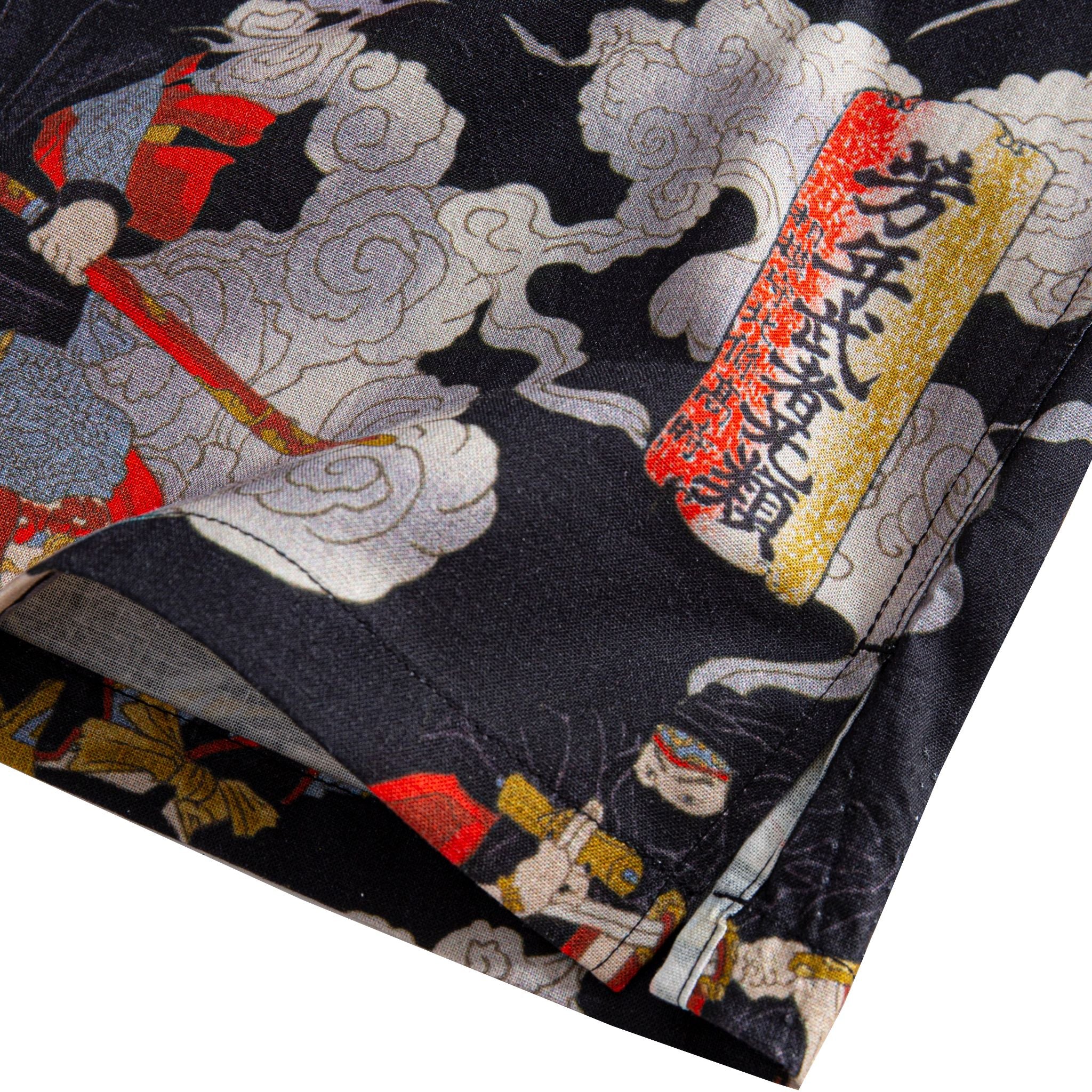 OROMEN Samurai Print Shirt – Side Vent & Hem Detail, Japanese Calligraphy Seal Print