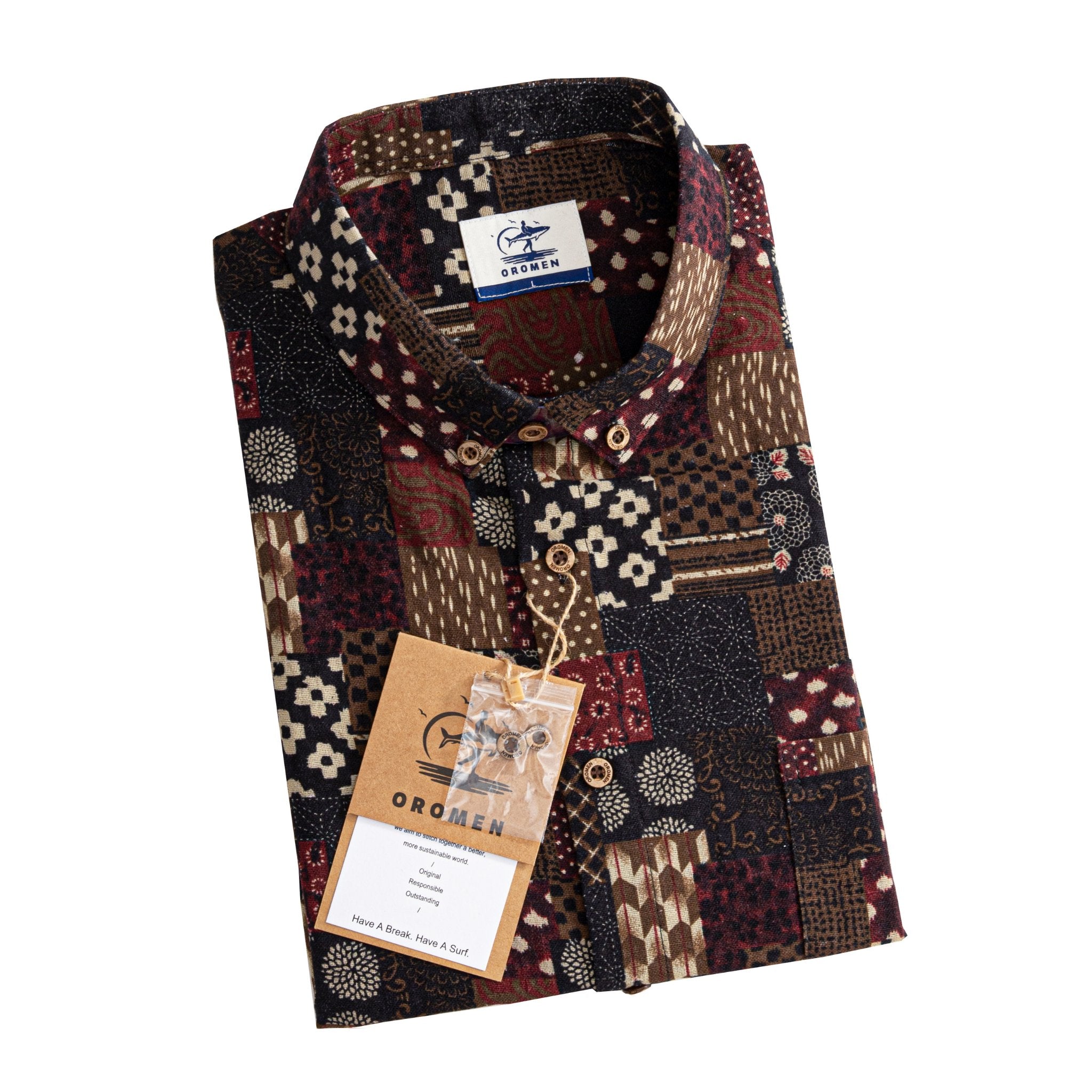 OROMEN Sashiko Boro Patchwork Shirt Folded with Brand Hang Tag
