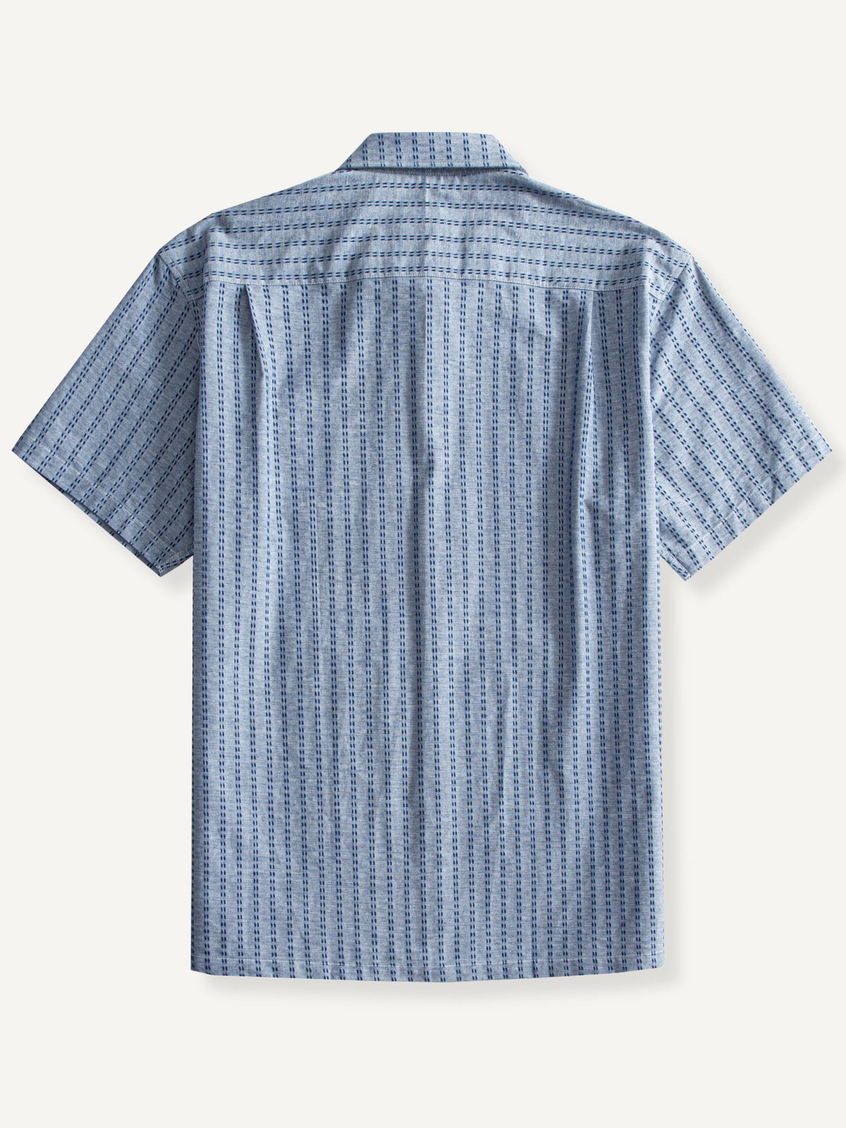 OROMEN Sashiko Chambray Cotton Shirt back flat lay showing continuous sashiko stripes and box pleat
