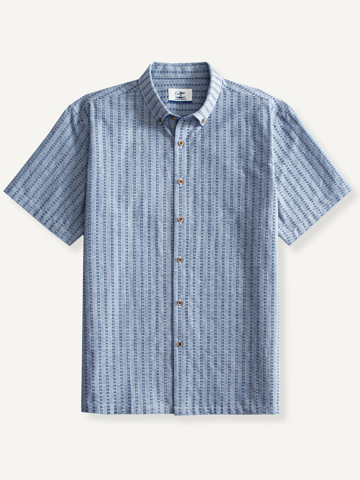 OROMEN Sashiko Chambray Cotton Shirt front flat lay in washed blue with navy sashiko stripes