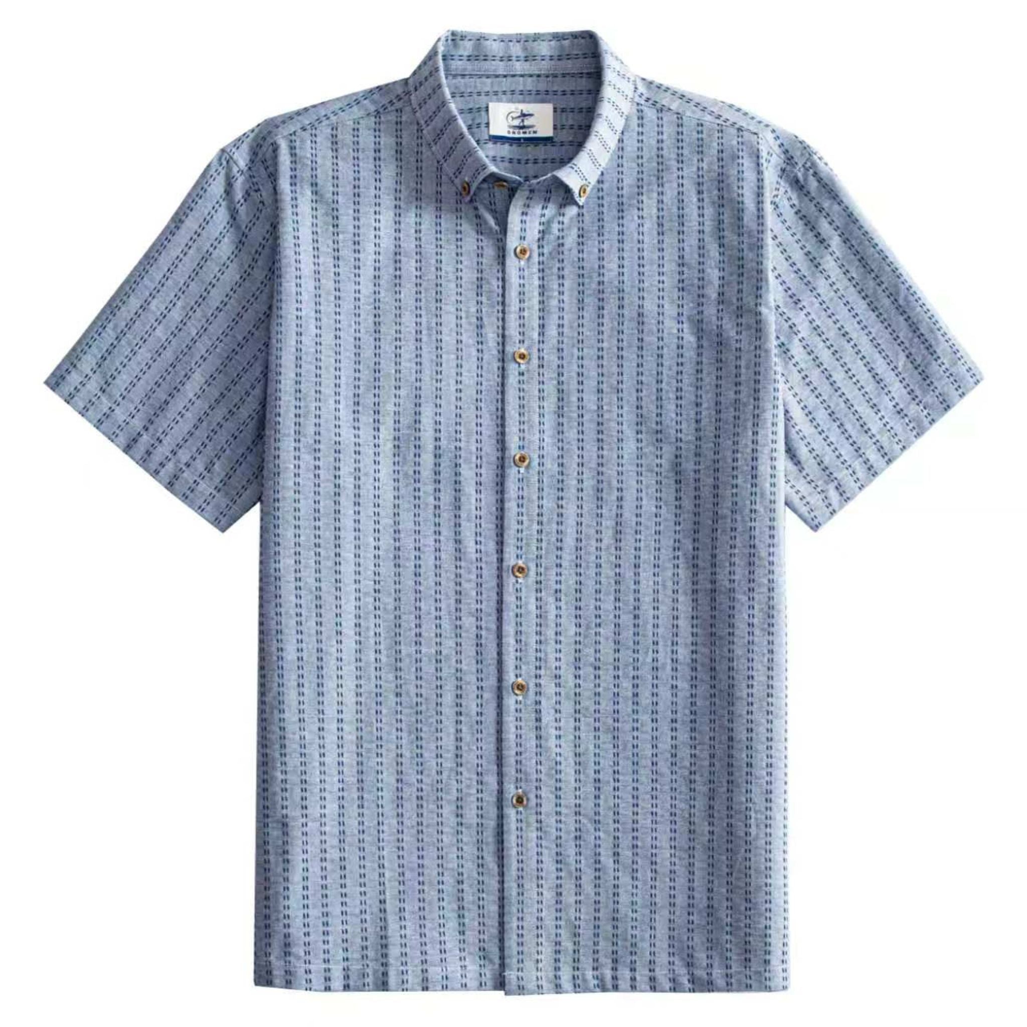 OROMEN Sashiko Chambray shirt front flat lay, allover navy Sashiko stitch on washed chambray blue
